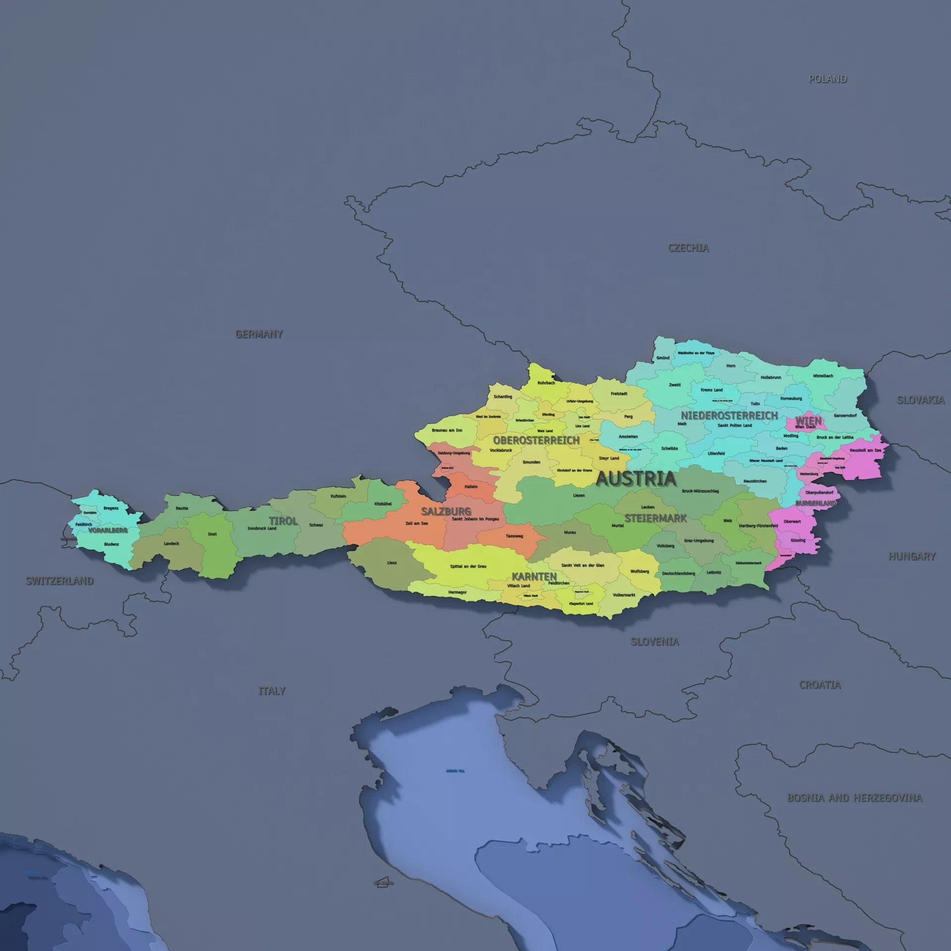 Austria Admin 2 3D Map - LatLong 3D model