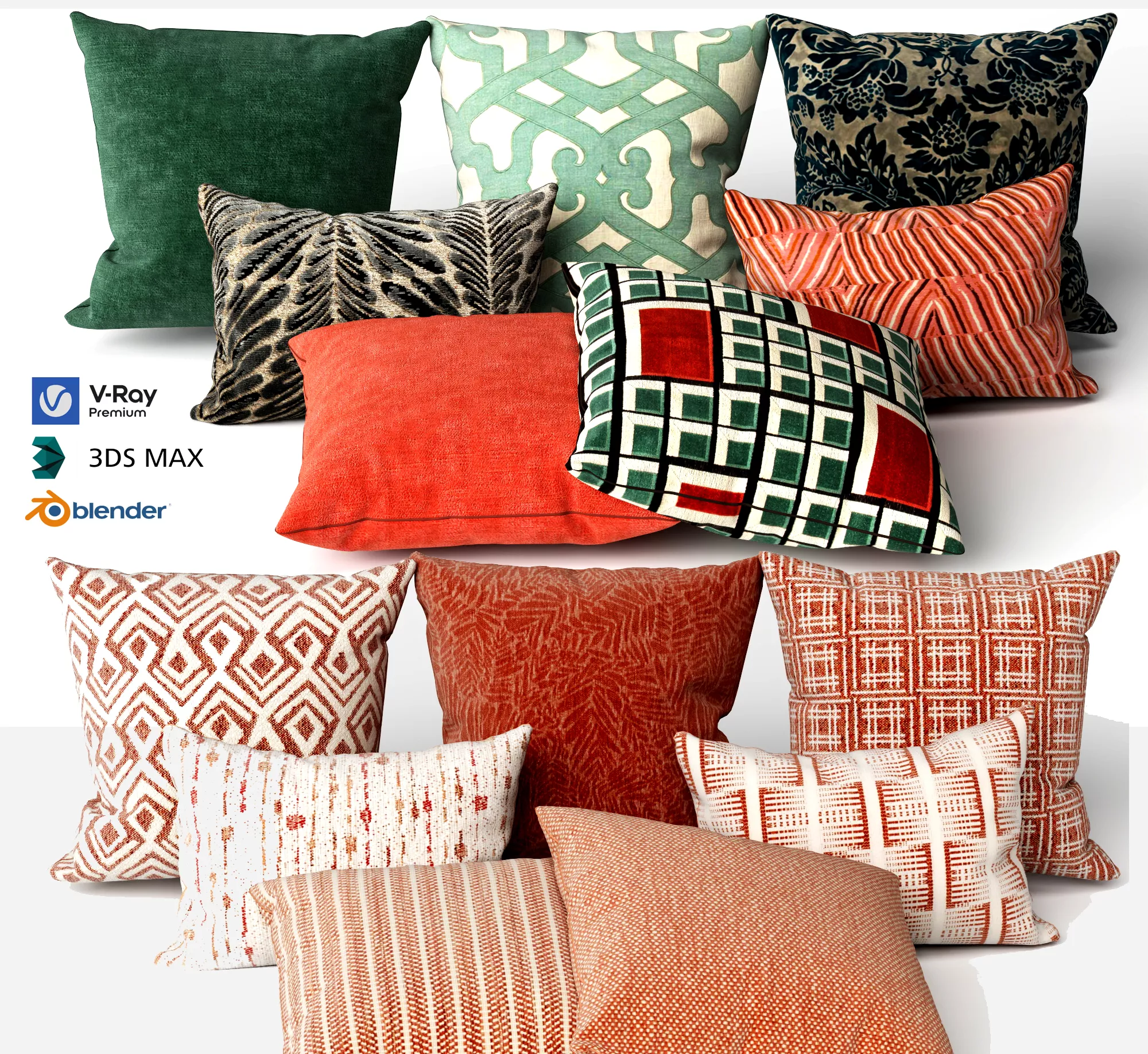 Decorative Throw Pillows Set 3D Model 3D model