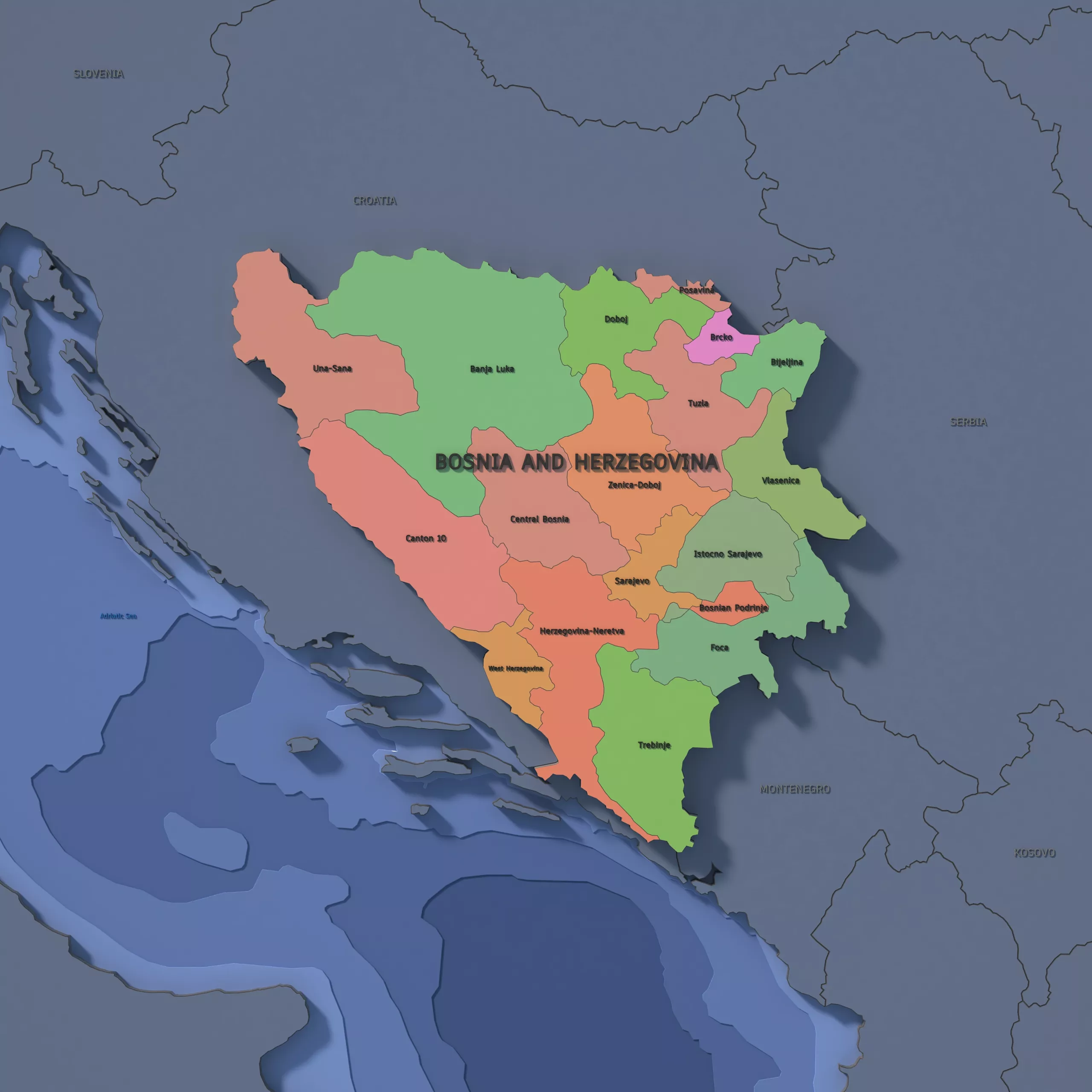 Bosnia and Herzegovina Admin 2 3D Map - Mercator 3D model