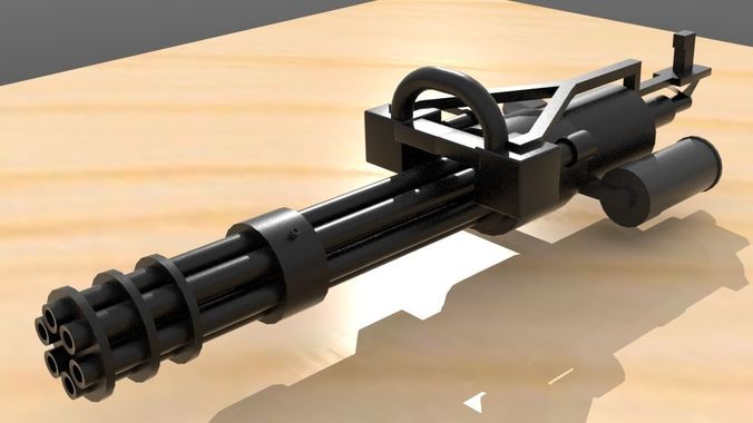 minigun machine gun on wooden table Low-poly 3D model