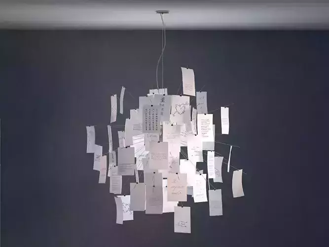 Zettelz 5 light fixture with paper hanging from it
