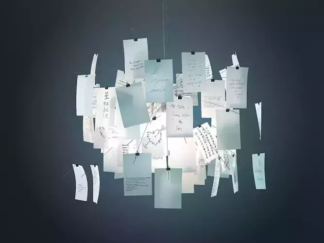 Zettelz 6 light fixture with paper hanging from it