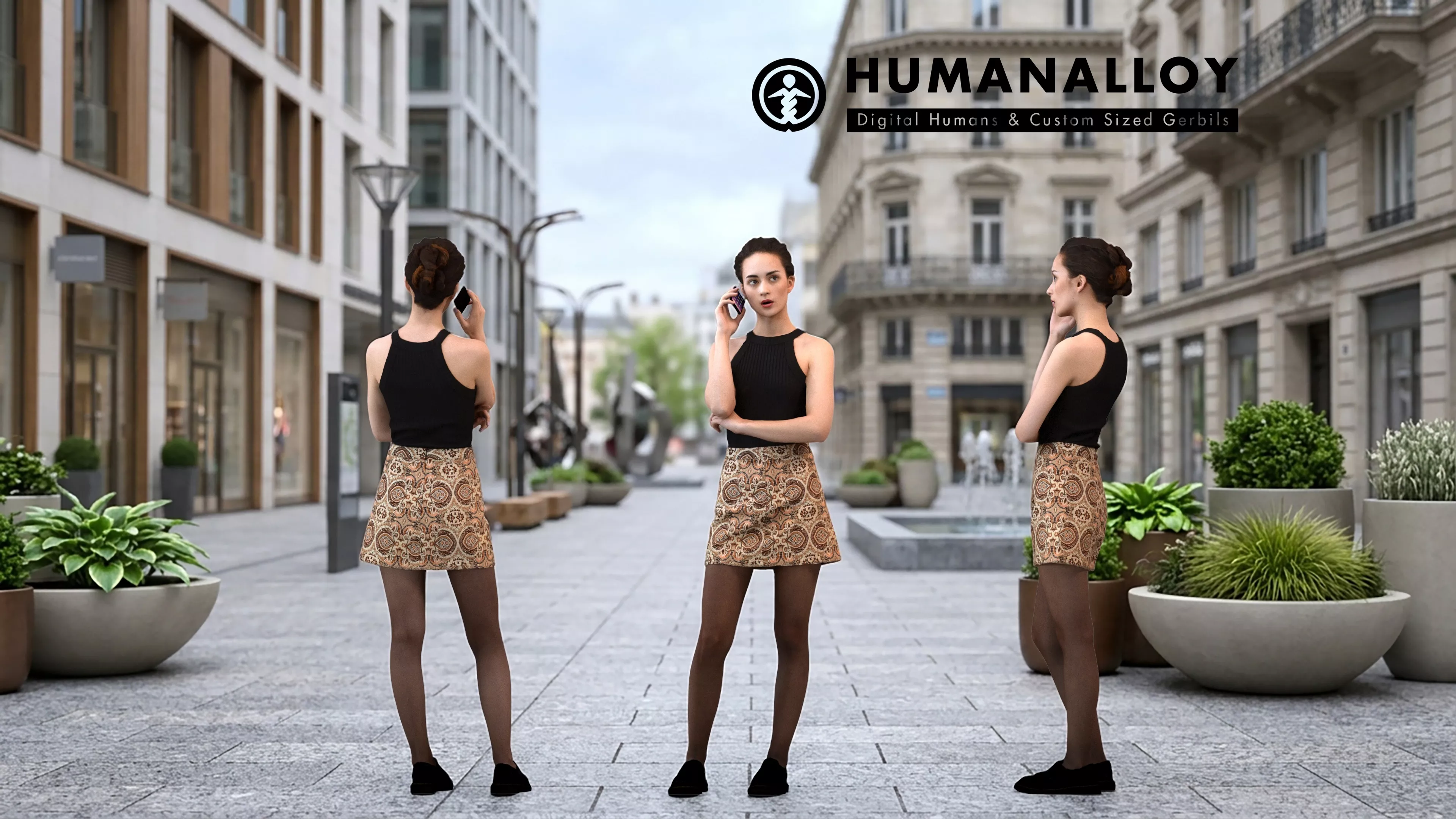Adult Caucasian woman calling with smartphone in transitional 3D model