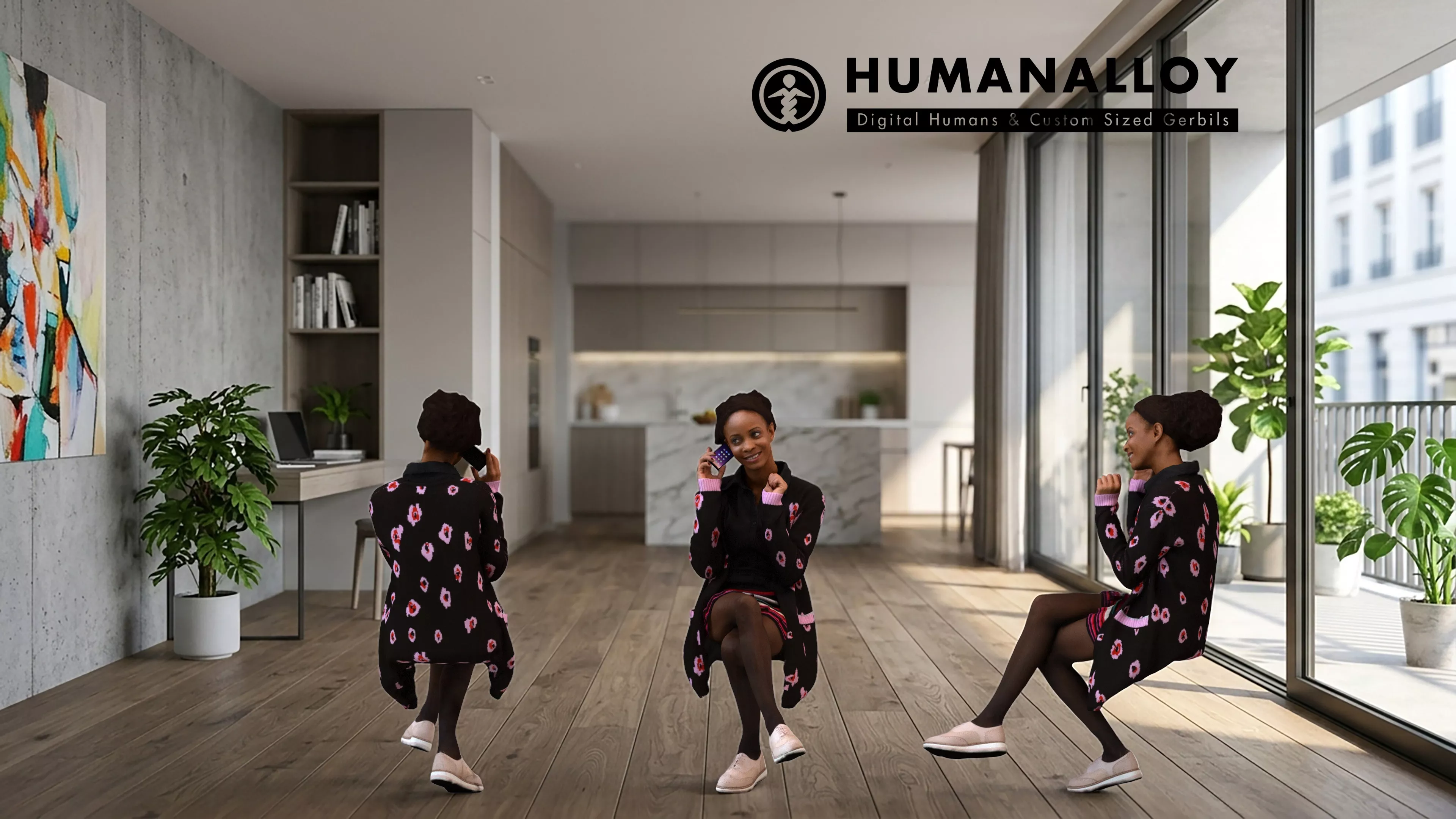 Adult Black woman calling from home in transitional seasonal 3D model