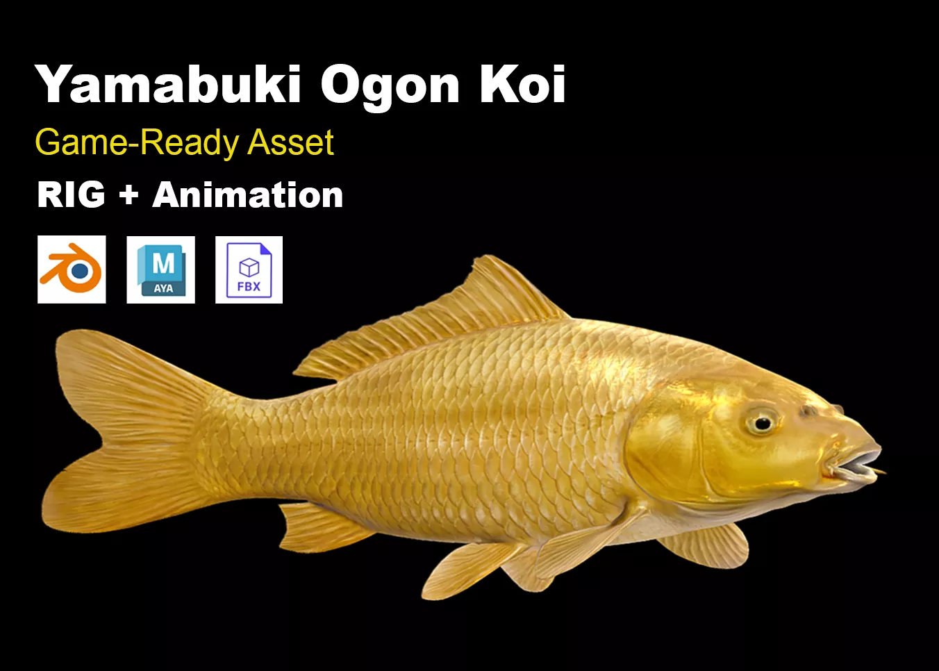 Yamabuki Ogon Koi Carp Fish Animated Low-poly 3D model