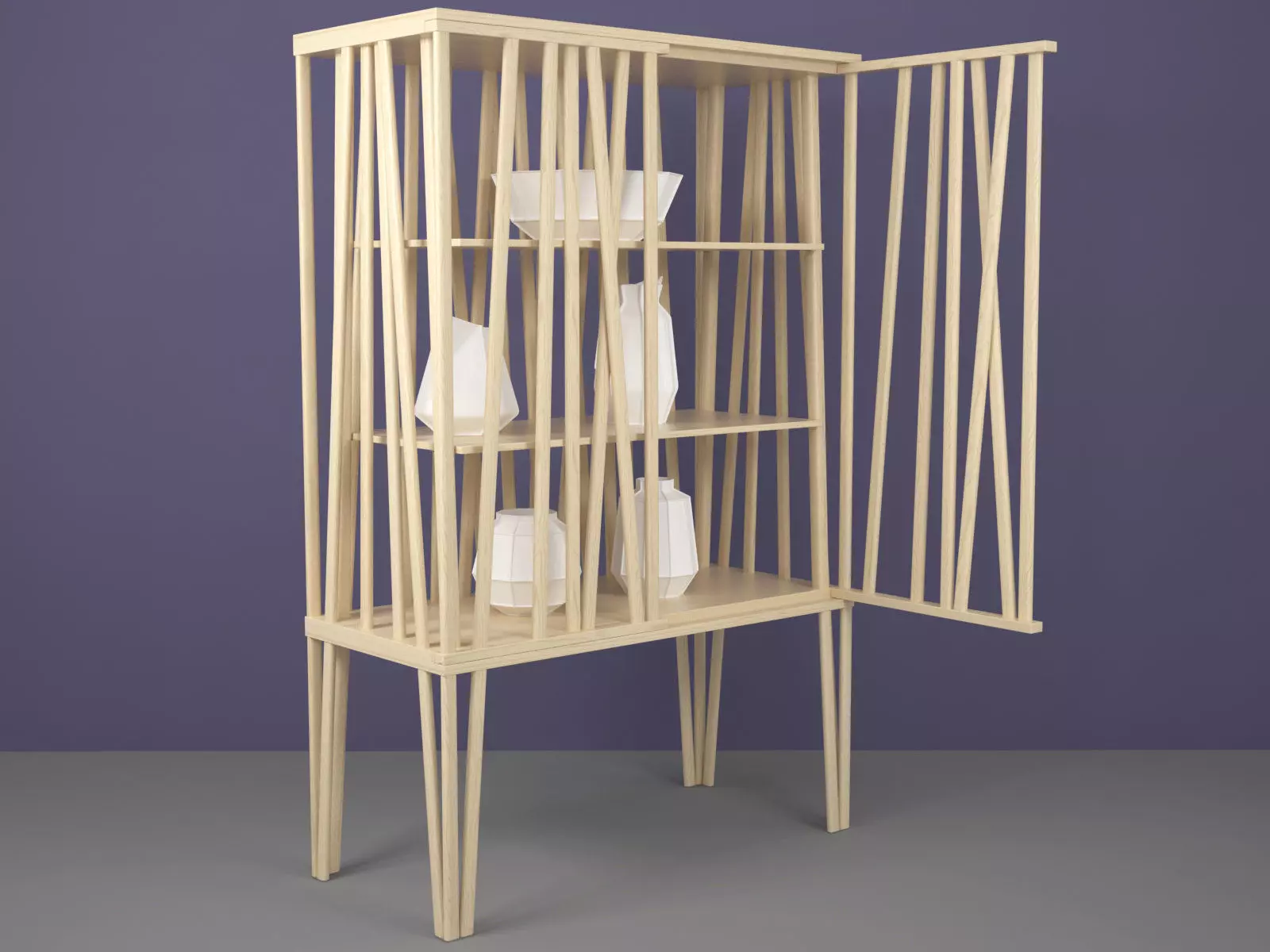 Mikado wooden bookcase made of strips of wood 3D model_5
