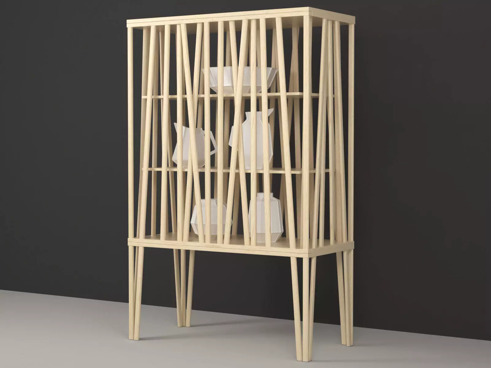 Mikado wooden bookcase made of strips of wood 3D model_6