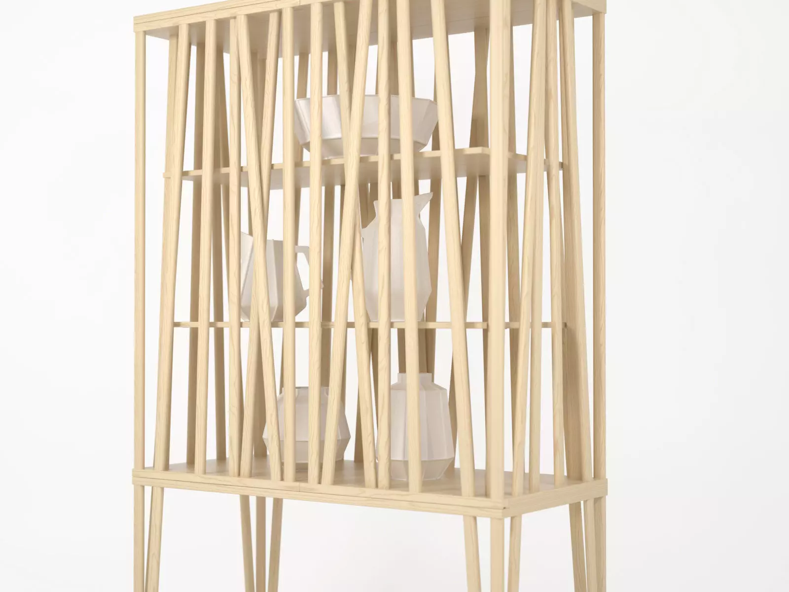 Mikado wooden bookcase made of strips of wood 3D model_4