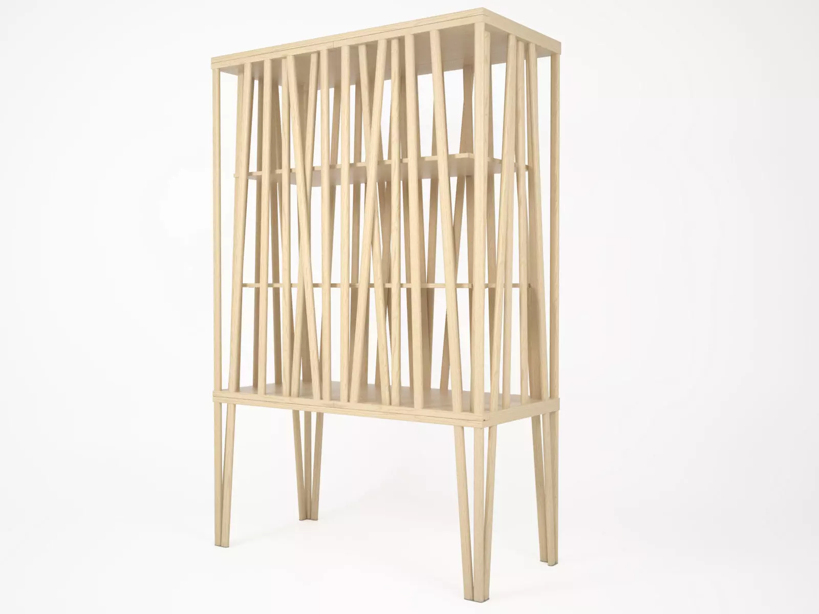 Mikado wooden bookcase made of strips of wood 3D model_2
