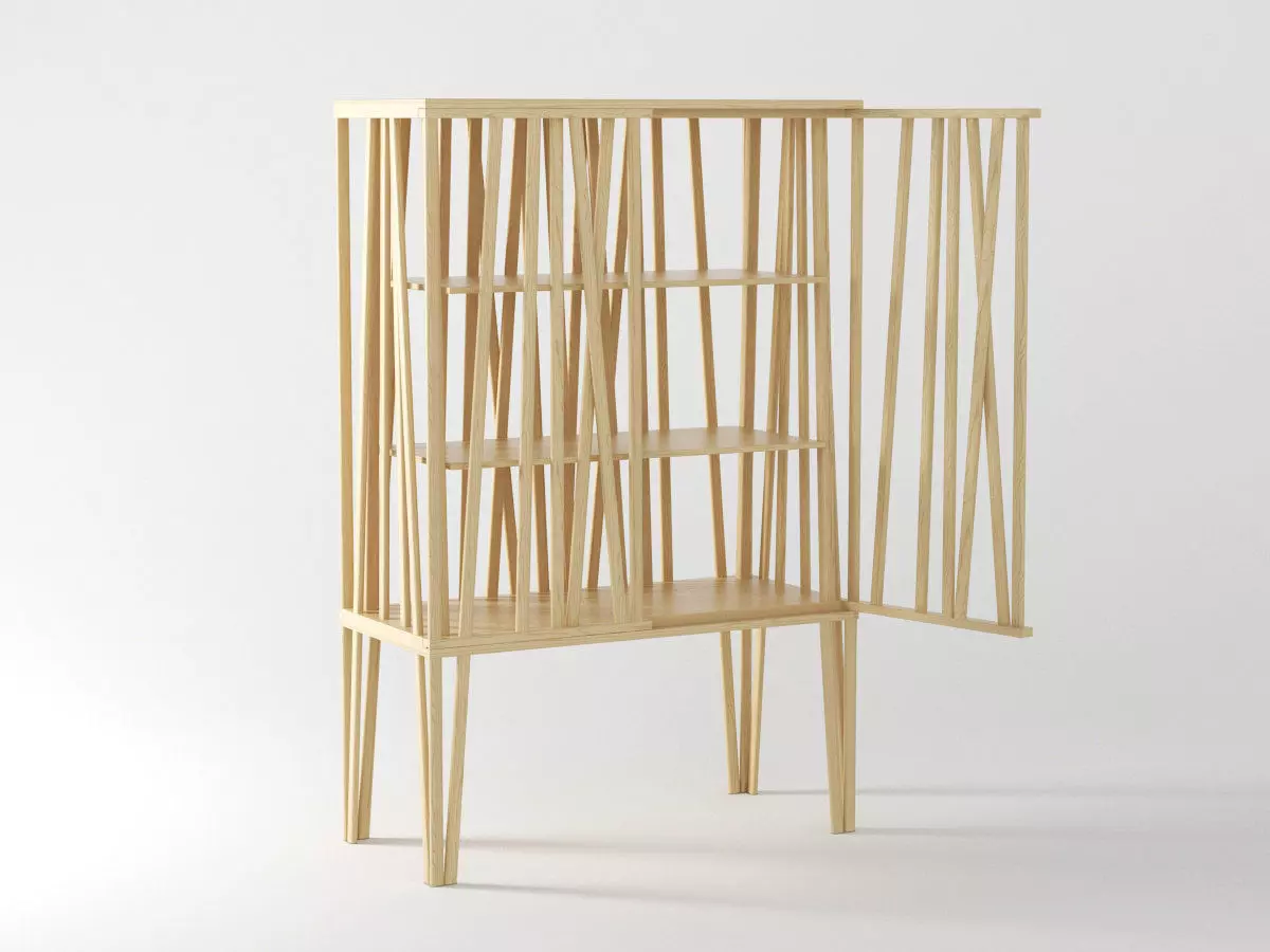 Mikado wooden bookcase made of strips of wood 3D model_0