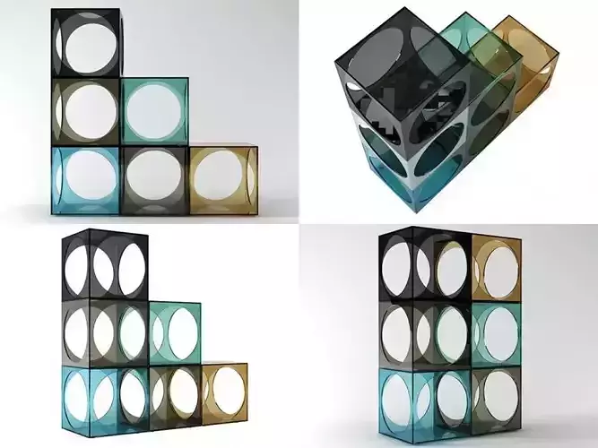 H four different colored glass cubes