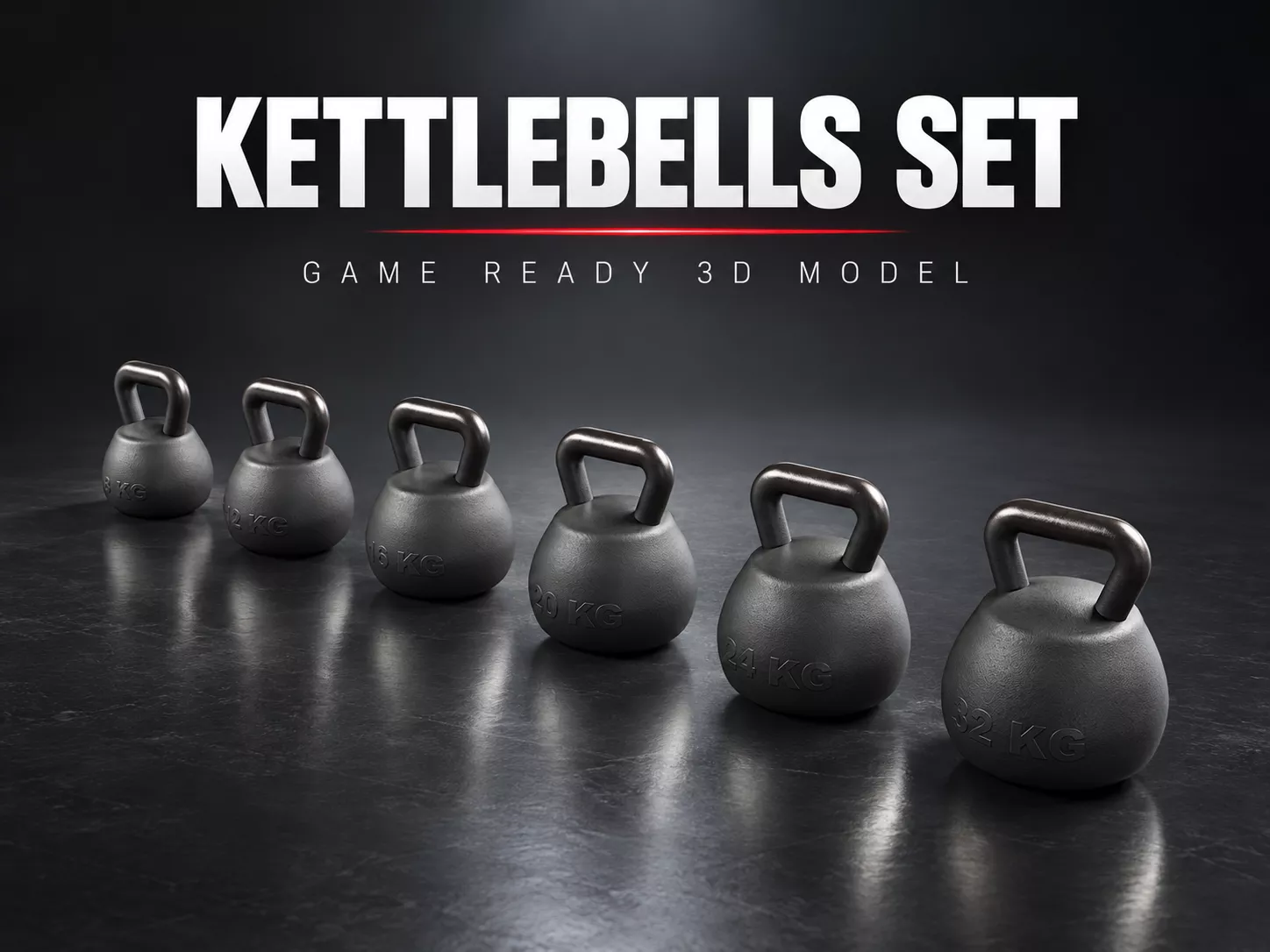 Kettlebells Set 8 to 32 kg - Cast Iron - PBR Game Ready Low-poly 3D model