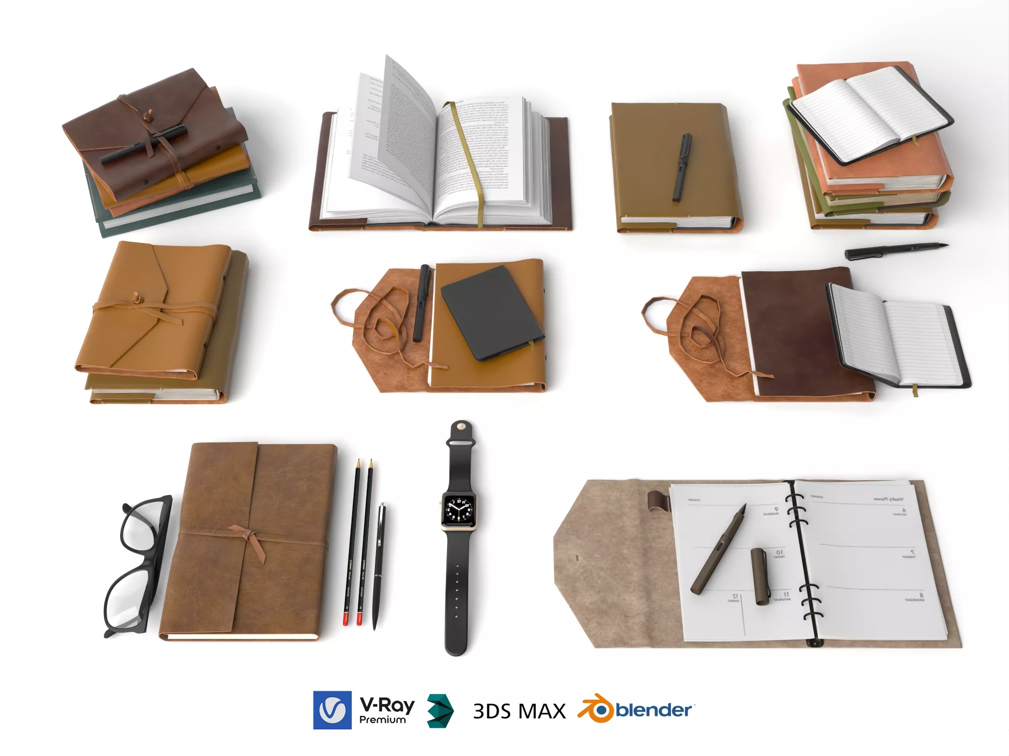 Leather Notebook and Stationery Pack 3D model