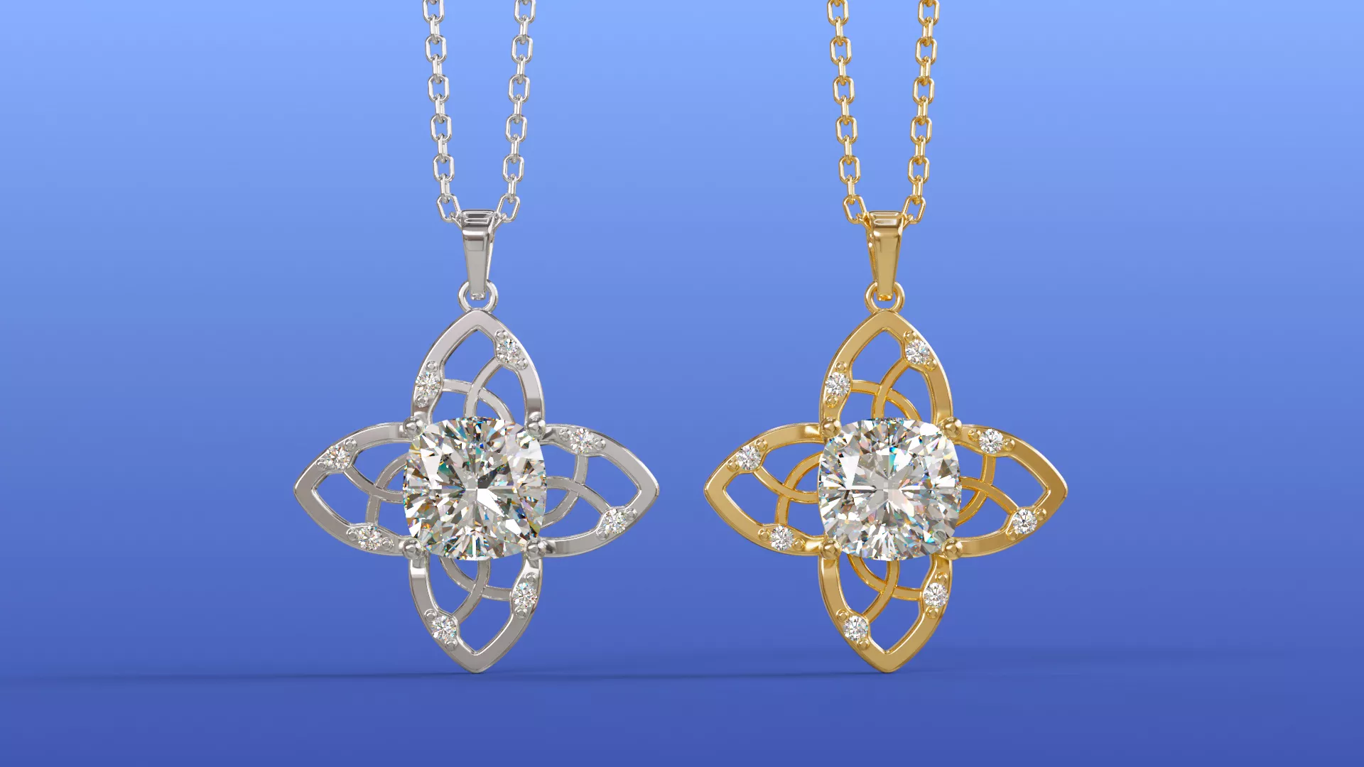 Cushion-Cut Diamond Celtic Knot Flower Pendant Necklace 3D print model