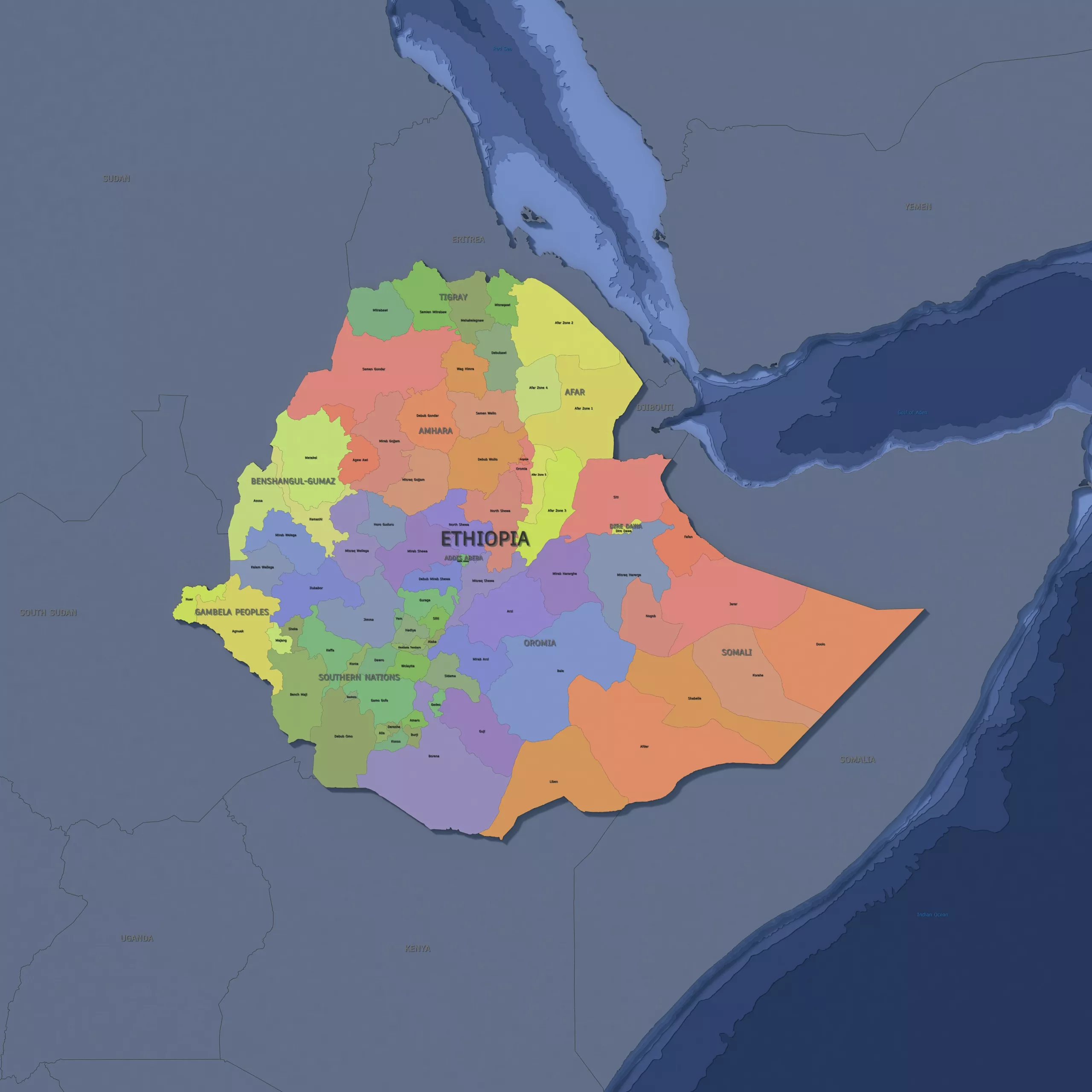 Ethiopia Admin 2 3D Map - Mercator 3D model