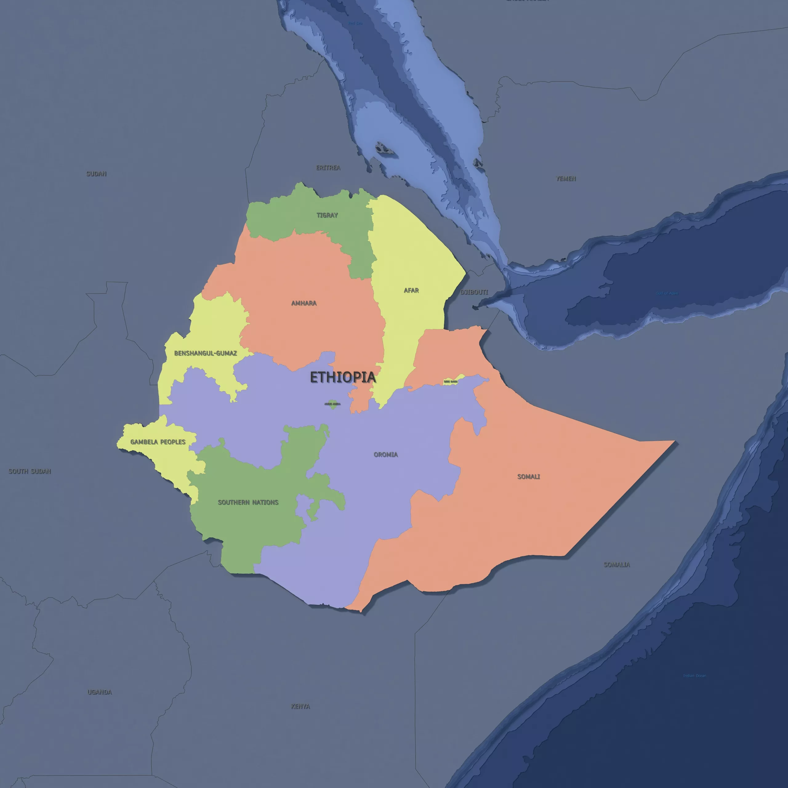 Ethiopia Admin 1 3D Map - Mercator 3D model