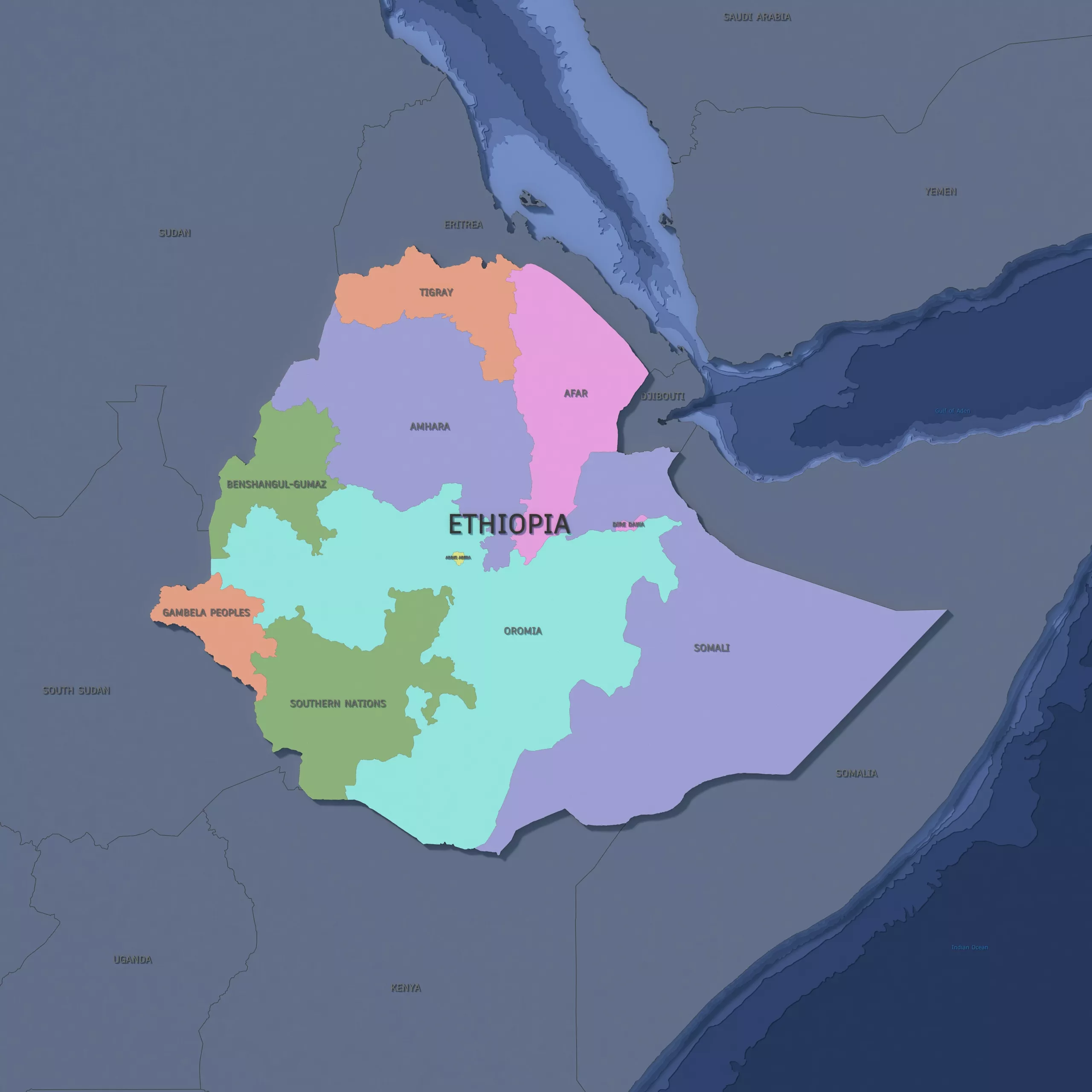 Ethiopia Admin 1 3D Map - LatLong 3D model