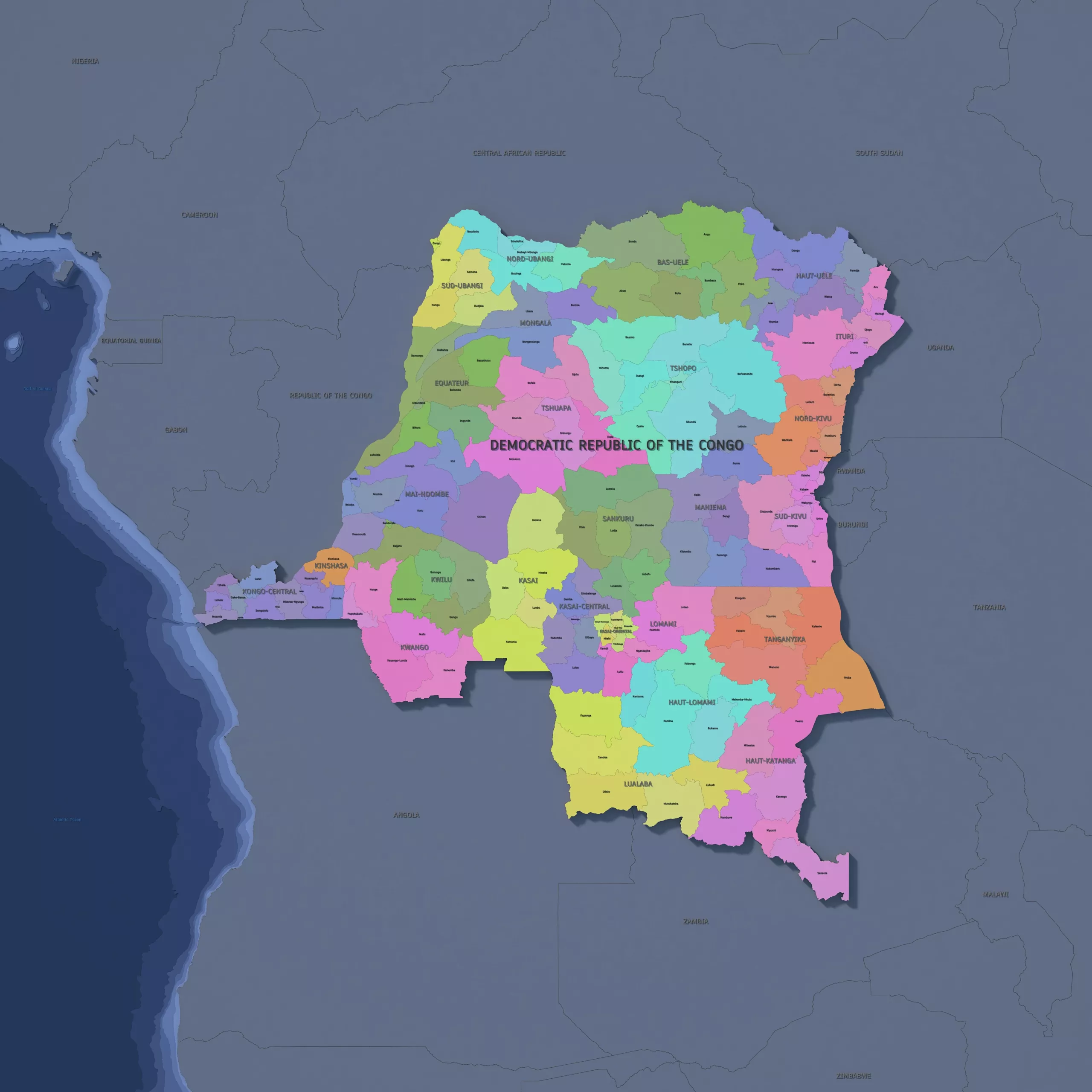 Democratic Republic of the Congo Admin 2 3D Map - LatLong 3D model