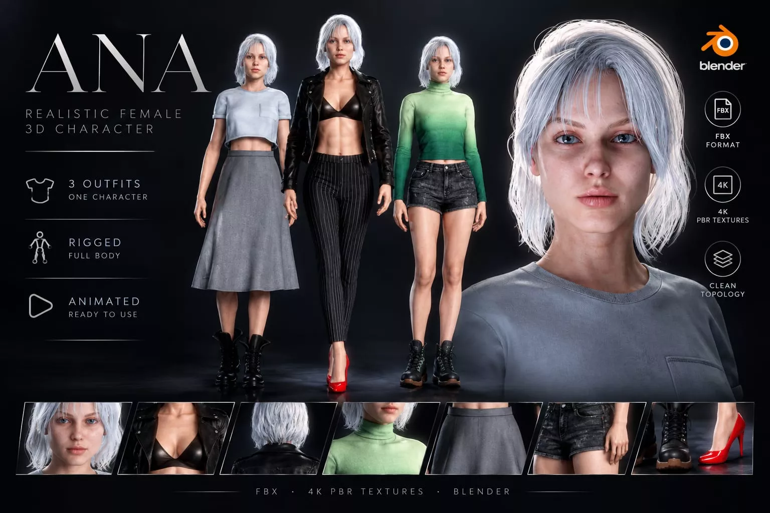 Realistic Female Character - Anna - Pack - 3 Outfits Low-poly 3D model