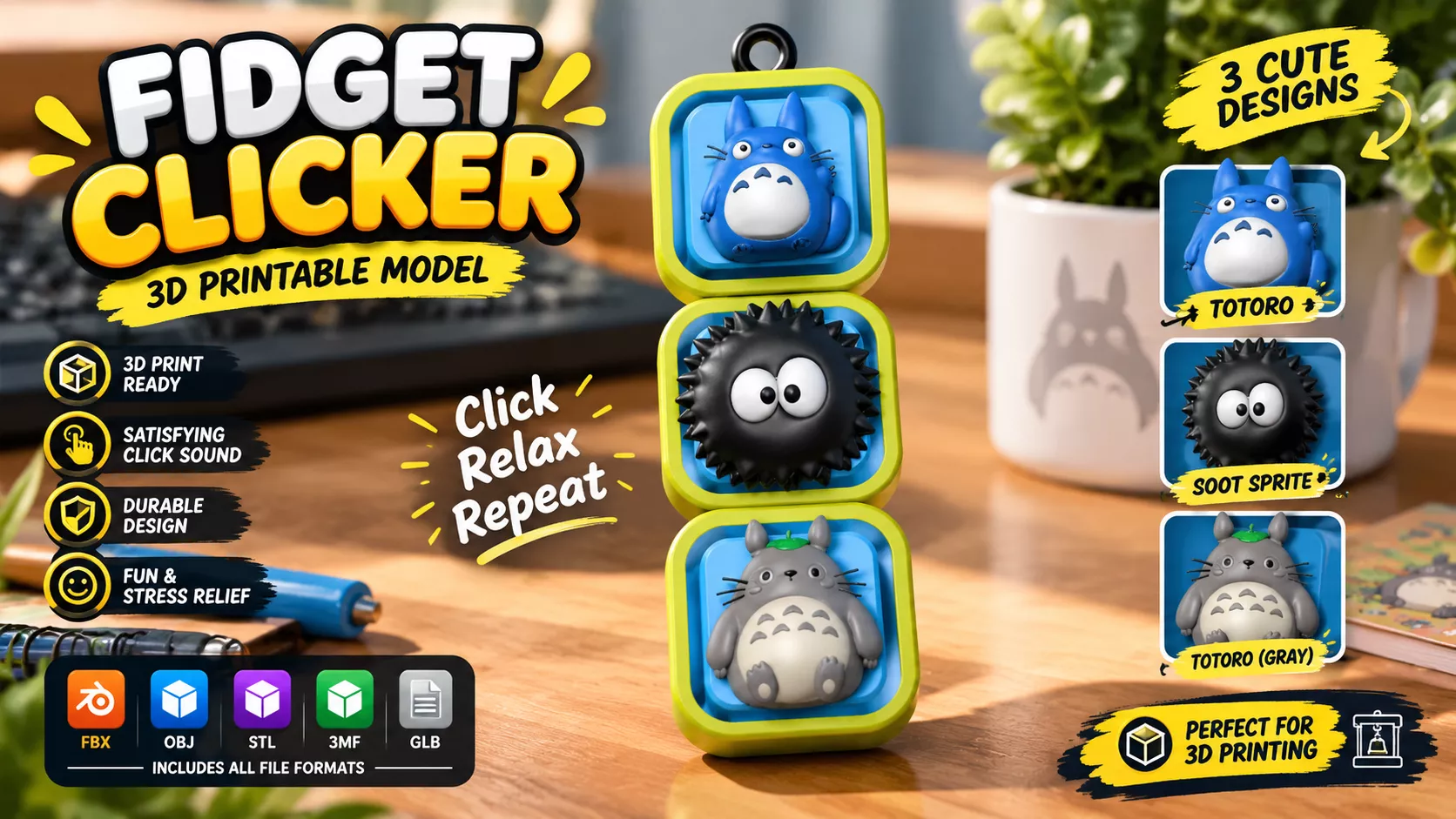 3D Printable Fidget Clicker Toy Cute Character Collection 3D print model