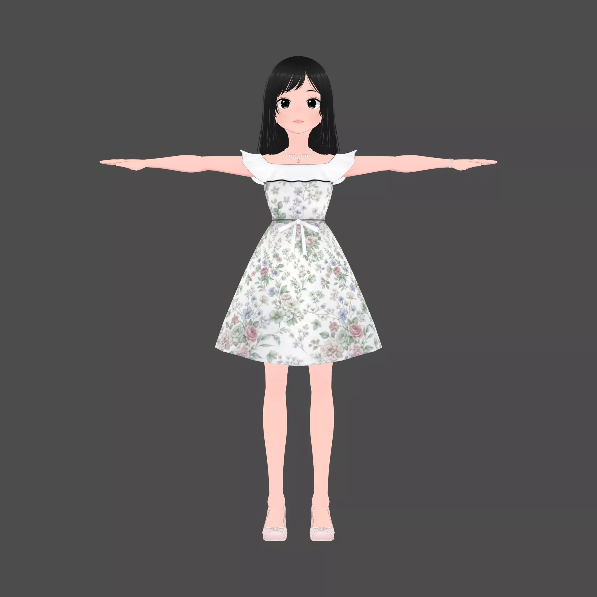 Anime Girl Vtuber Character Wearing Elegant Floral Dress 3D model