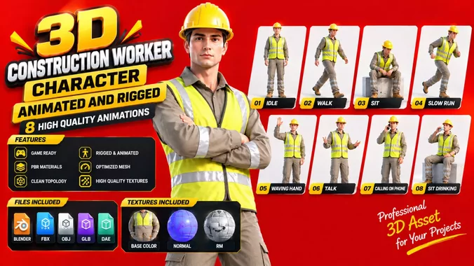 Stylized Construction Worker 3D Character Animated Rigged  Model
