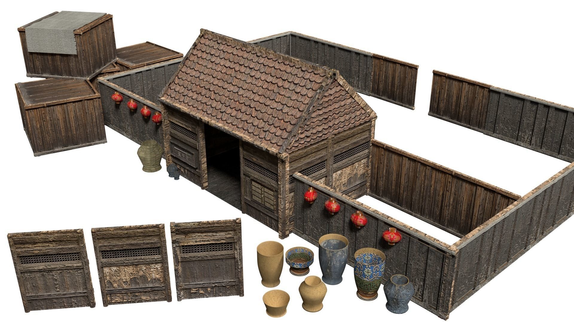 Samurai Rural Wooden Japan Forest House Set Farmer Low-poly 3D model_1