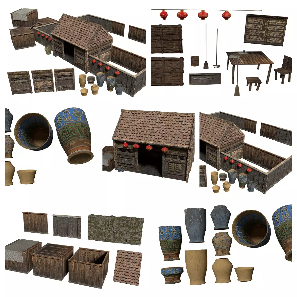 Samurai Rural Wooden Japan Forest House Set Farmer Low-poly 3D model_0