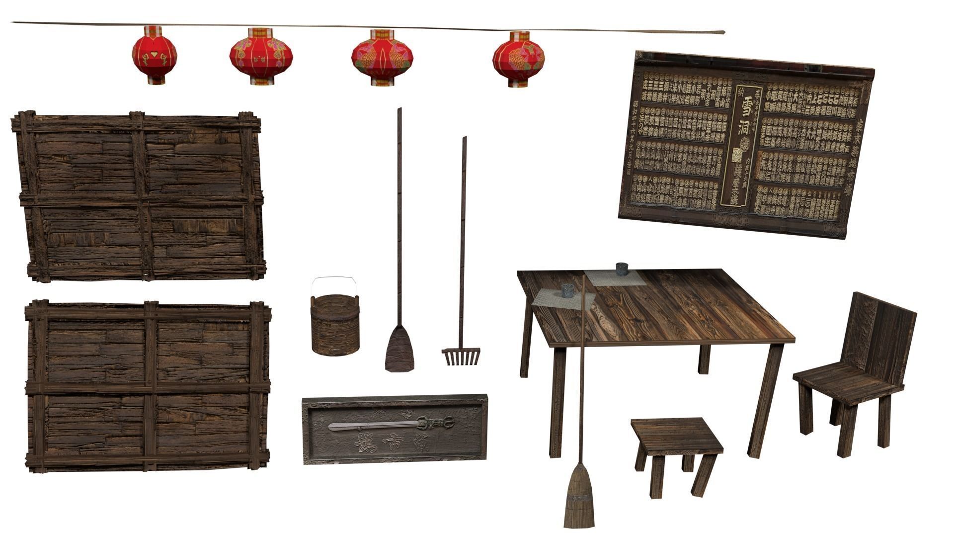 Samurai Rural Wooden Japan Forest House Set Farmer Low-poly 3D model_4