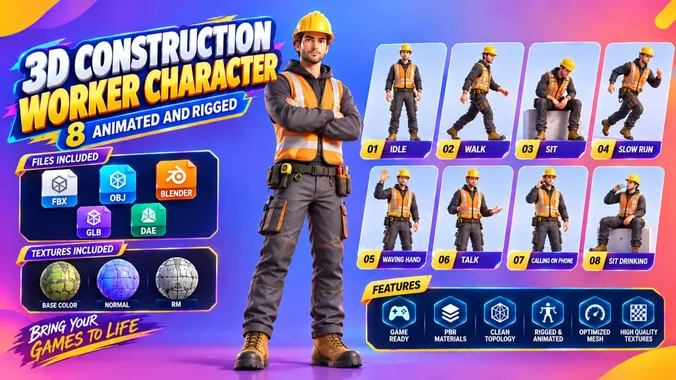 Stylized Construction Worker 3D Character Animated Rigged Model
