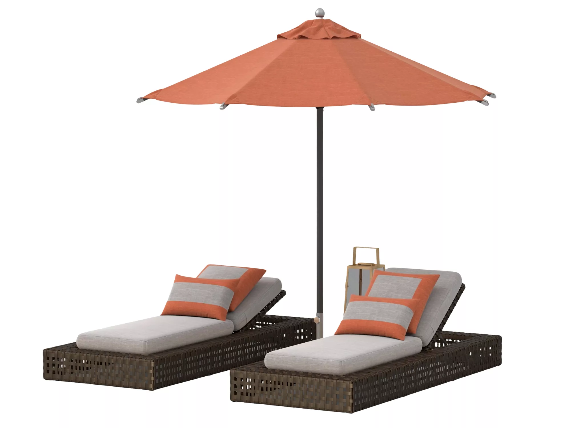 Outdoor Wicker Chaise Lounge Set with Orange Umbrella Lantern 3D model