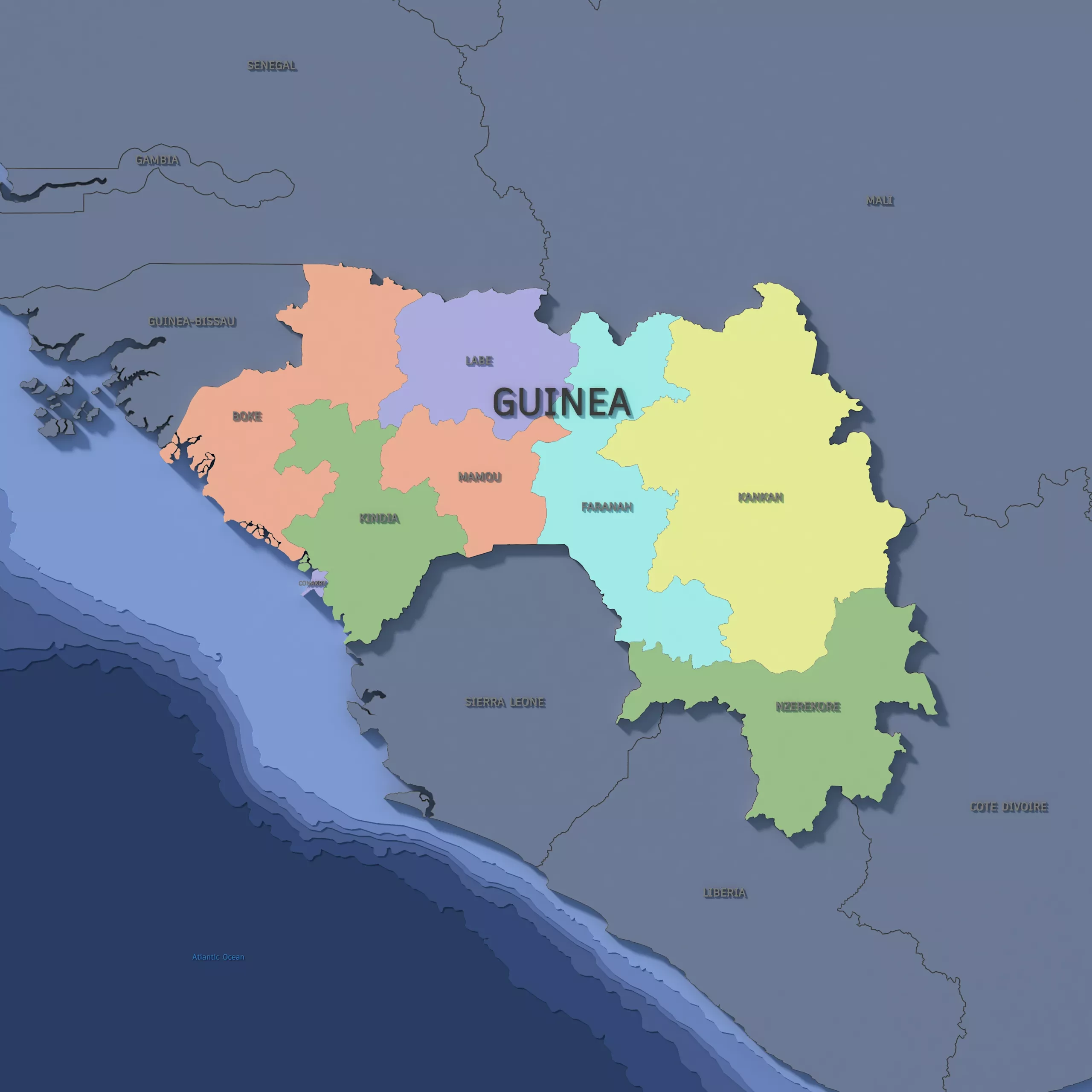 Guinea Admin 1 3D Map - LatLong 3D model