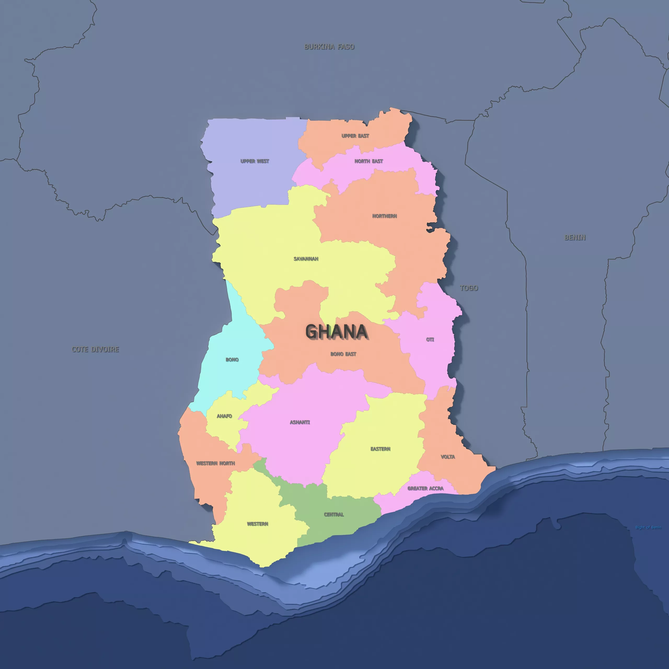 Ghana Admin 1 3D Map - Mercator 3D model