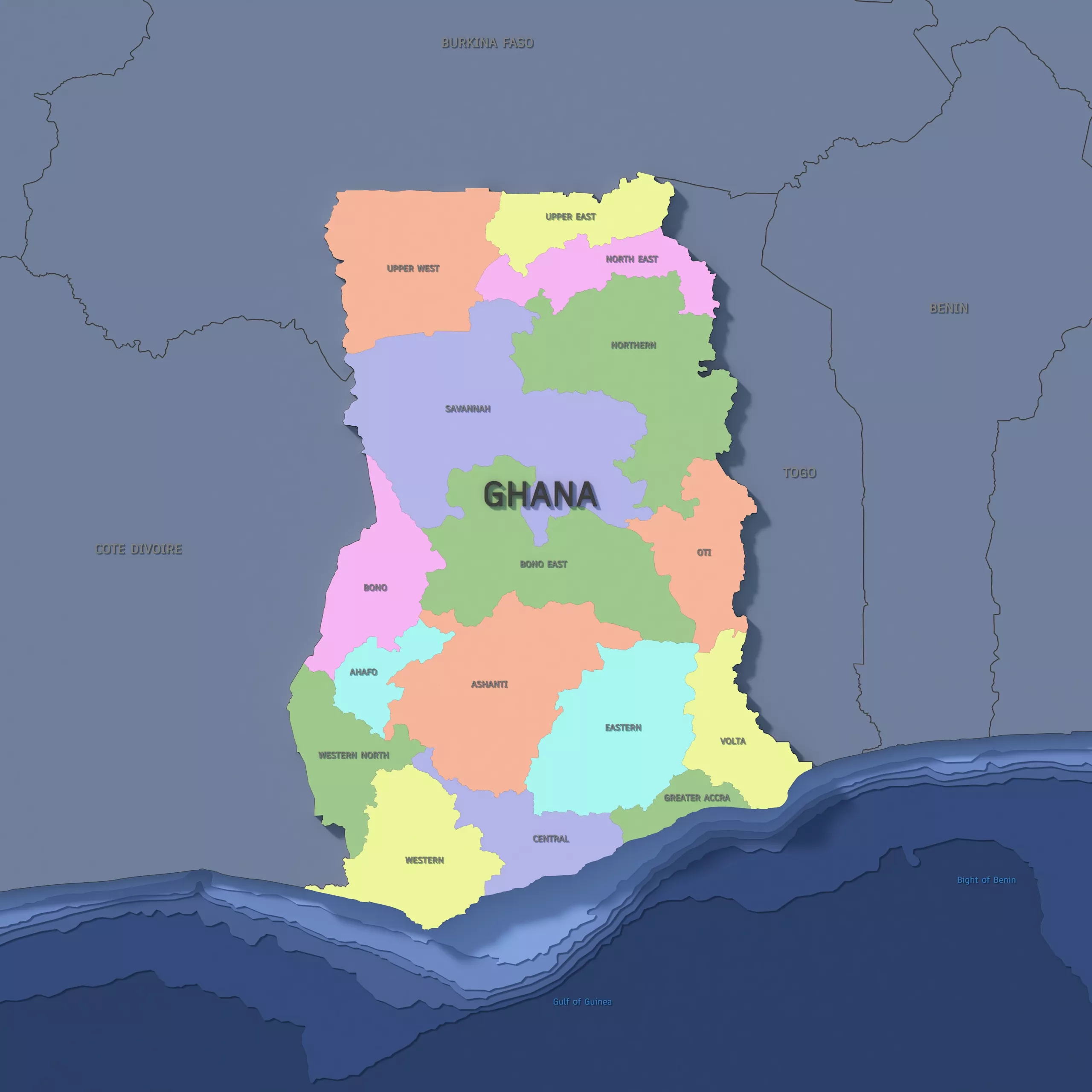 Ghana Admin 1 3D Map - LatLong 3D model