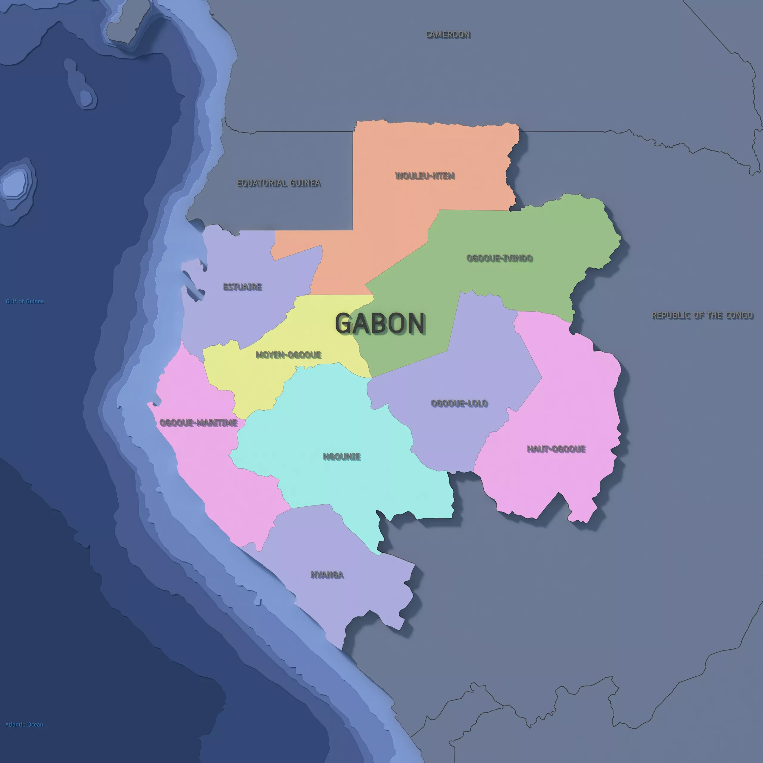 Gabon Admin 1 3D Map - Mercator 3D model