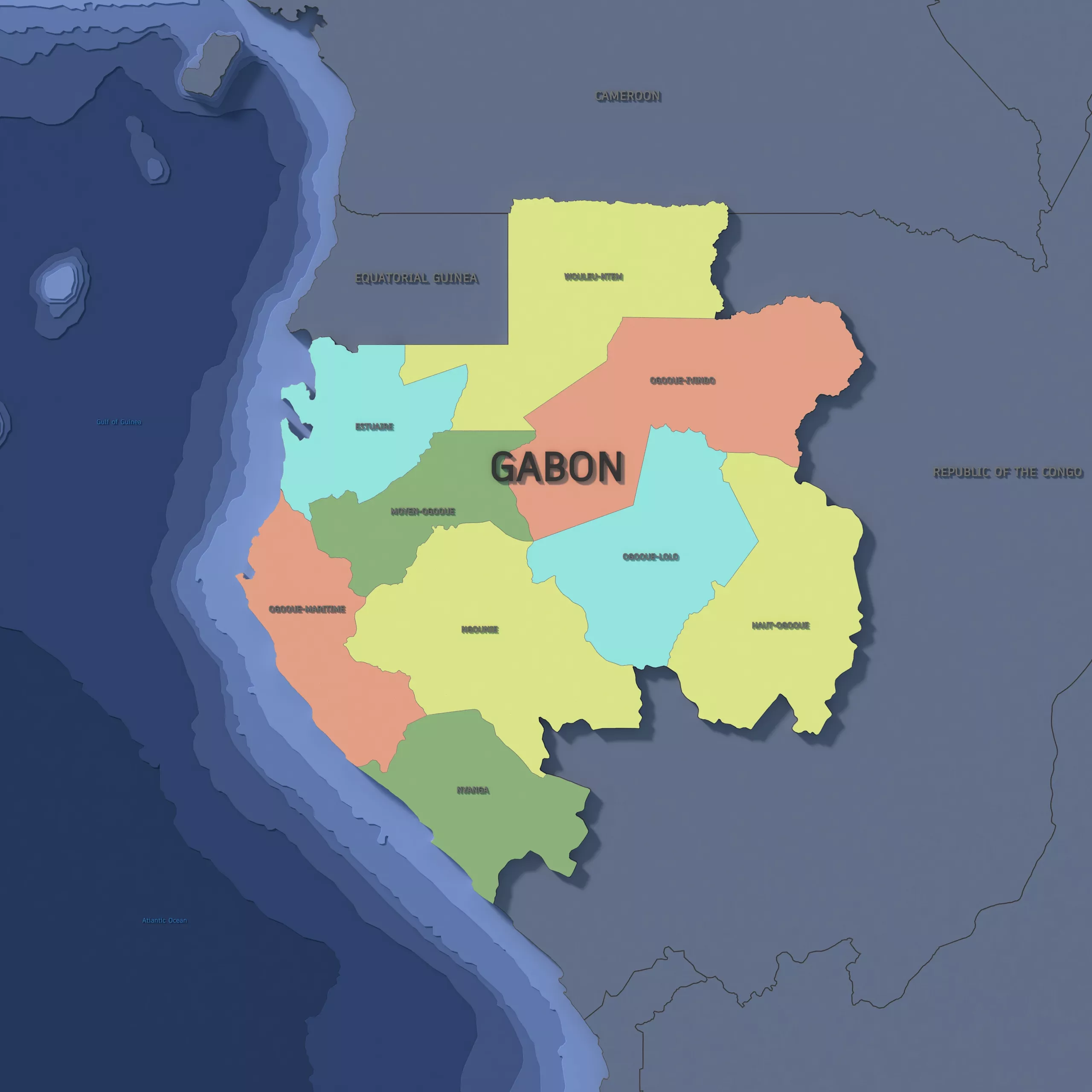 Gabon Admin 1 3D Map - LatLong 3D model