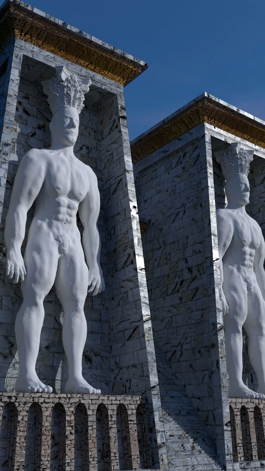 Fantasy Pyramid And Male Statues 3D model_2