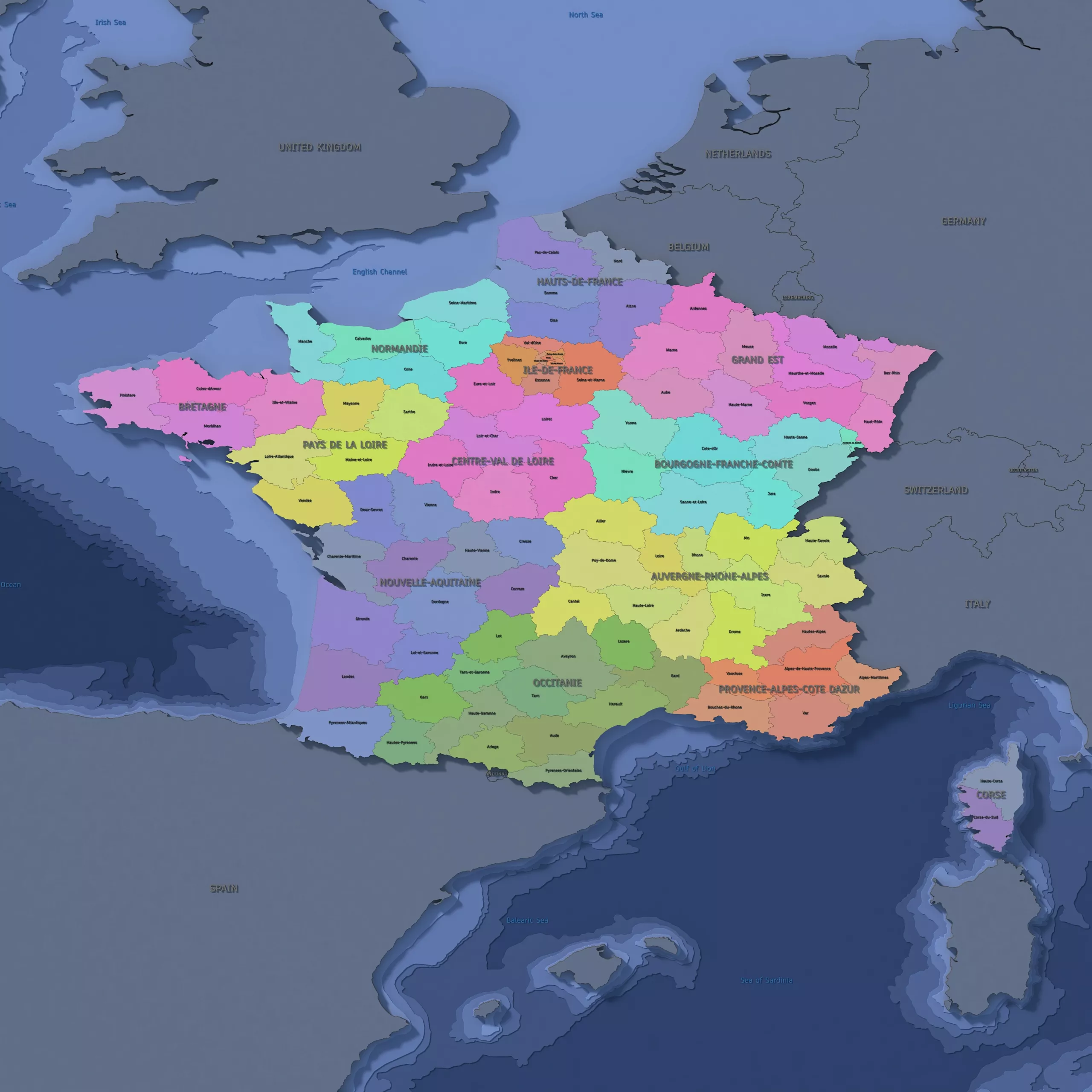 France Admin 2 3D Map - LatLong 3D model