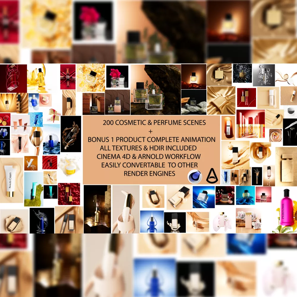200 Cosmetic and Perfume Scenes and 1 product complete animation Free 3D model