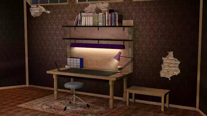 workbench room with desk and bookshelf 3D model
