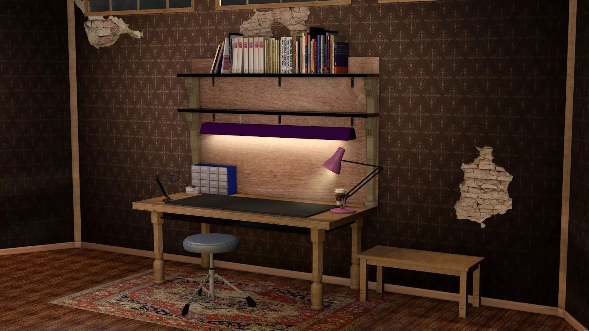 workbench room with desk and bookshelf 3D model_0