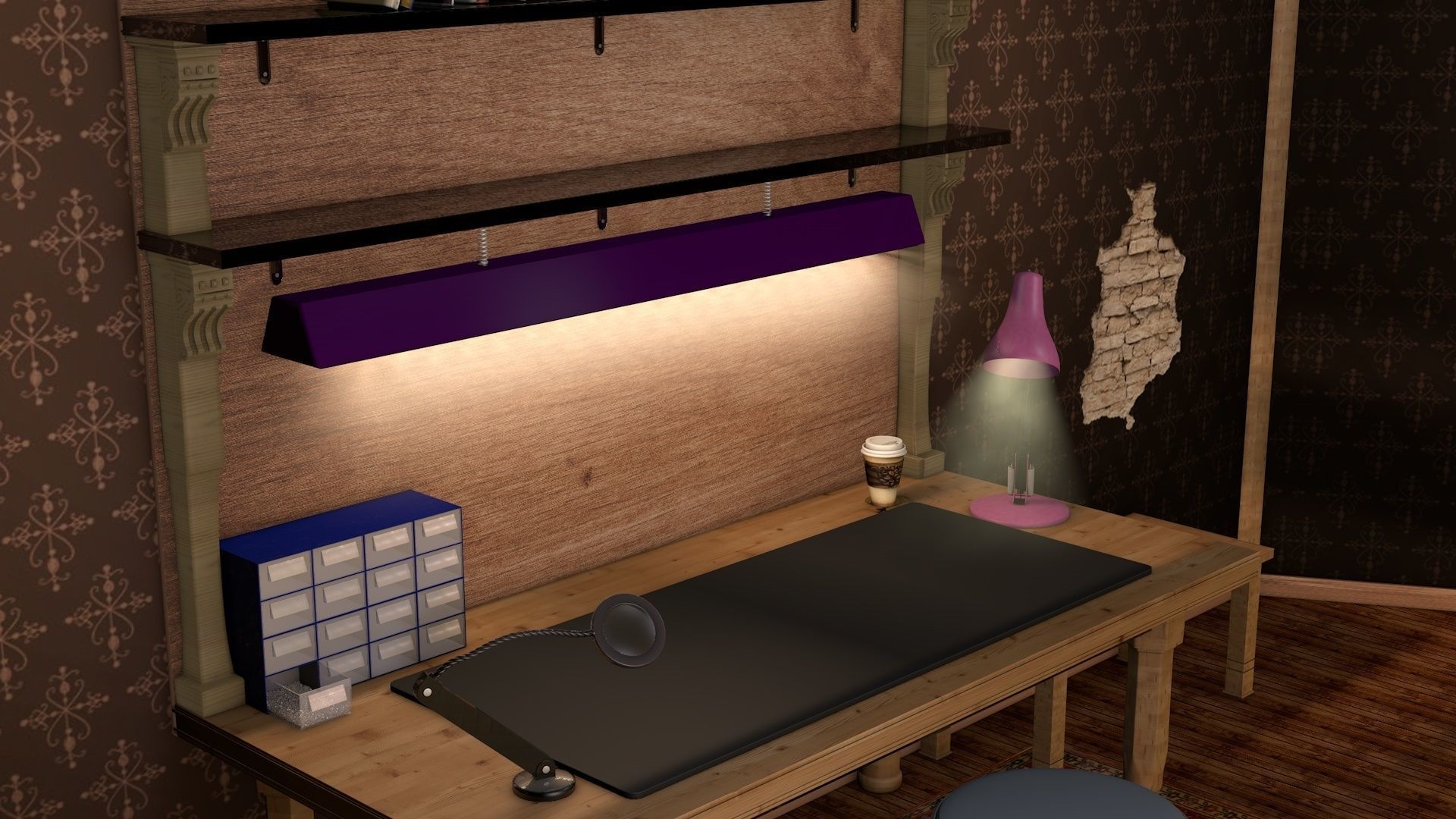workbench room with desk and bookshelf 3D model_3