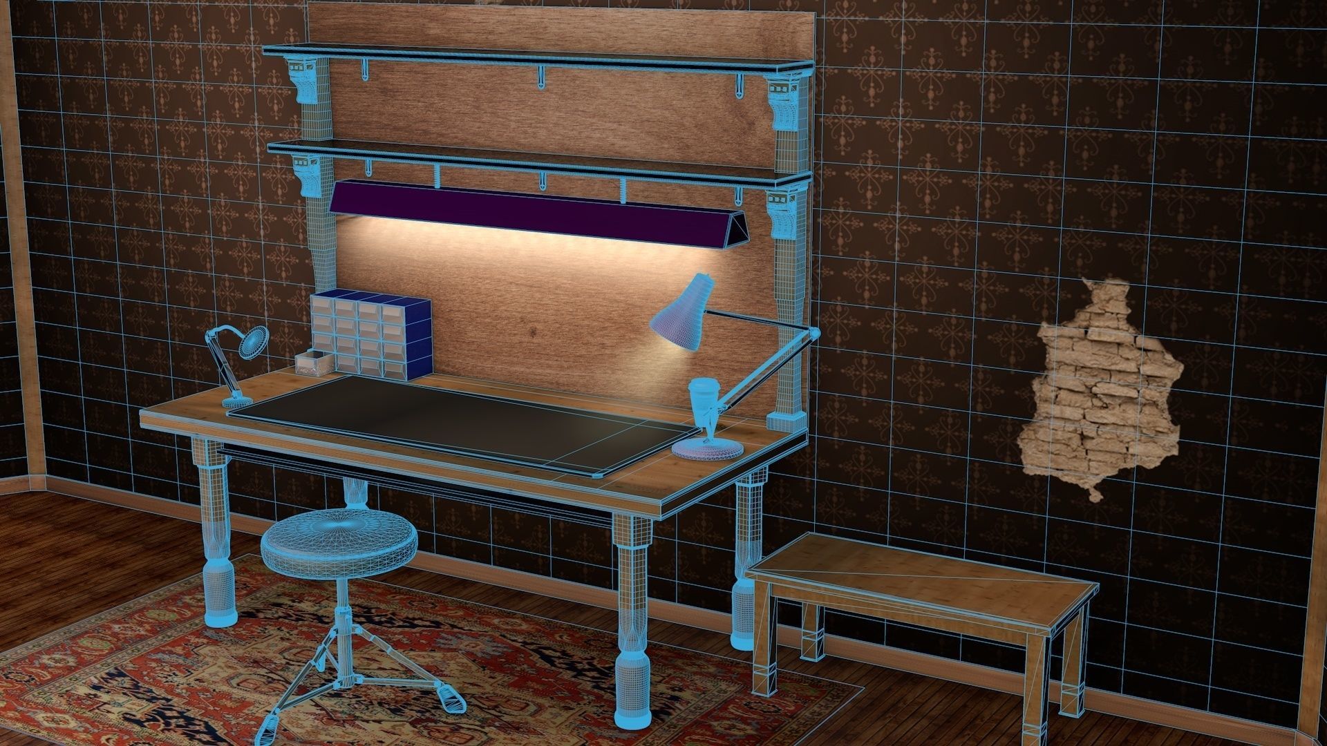 workbench room with desk and bookshelf 3D model_7