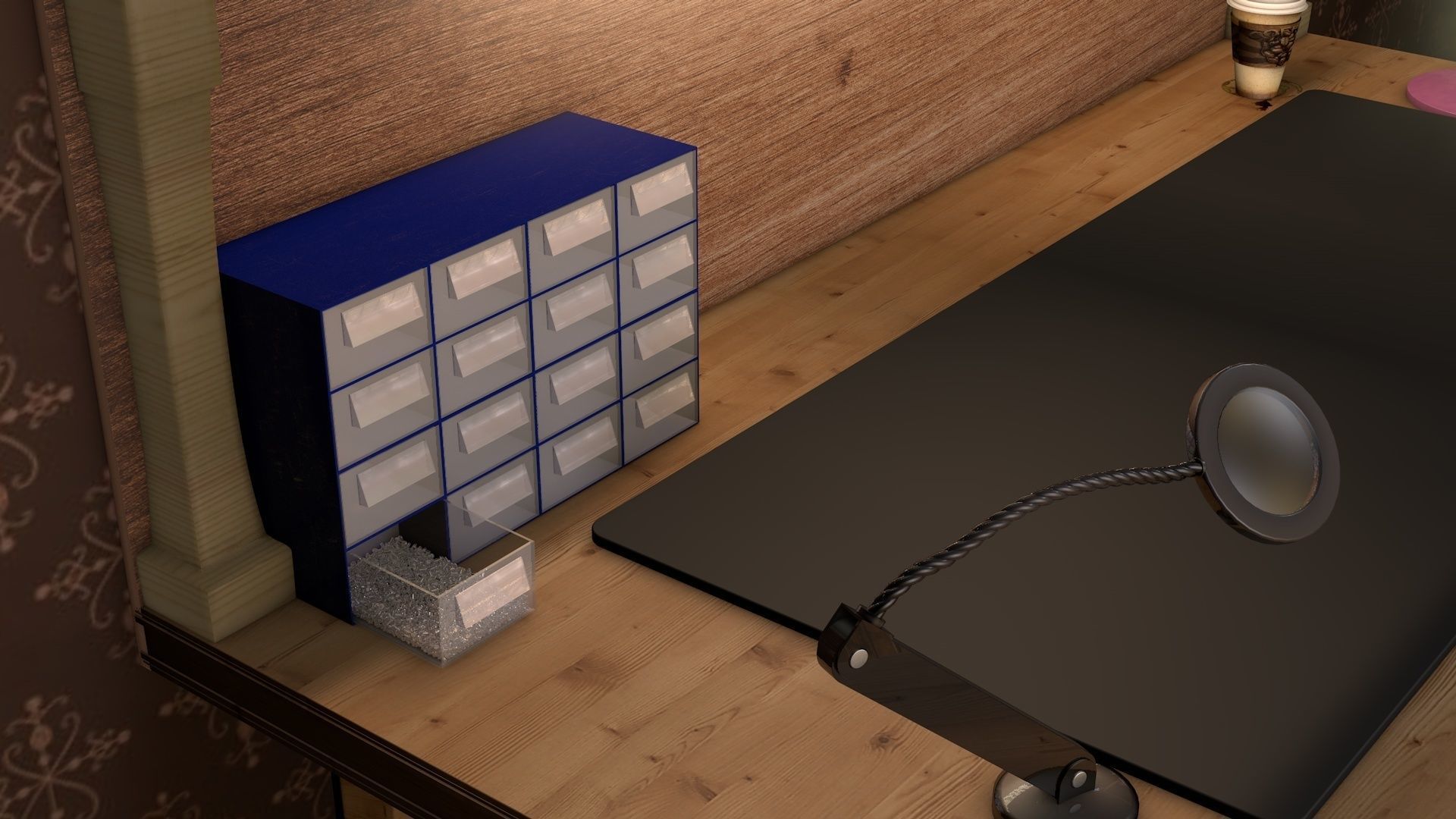 workbench room with desk and bookshelf 3D model_5