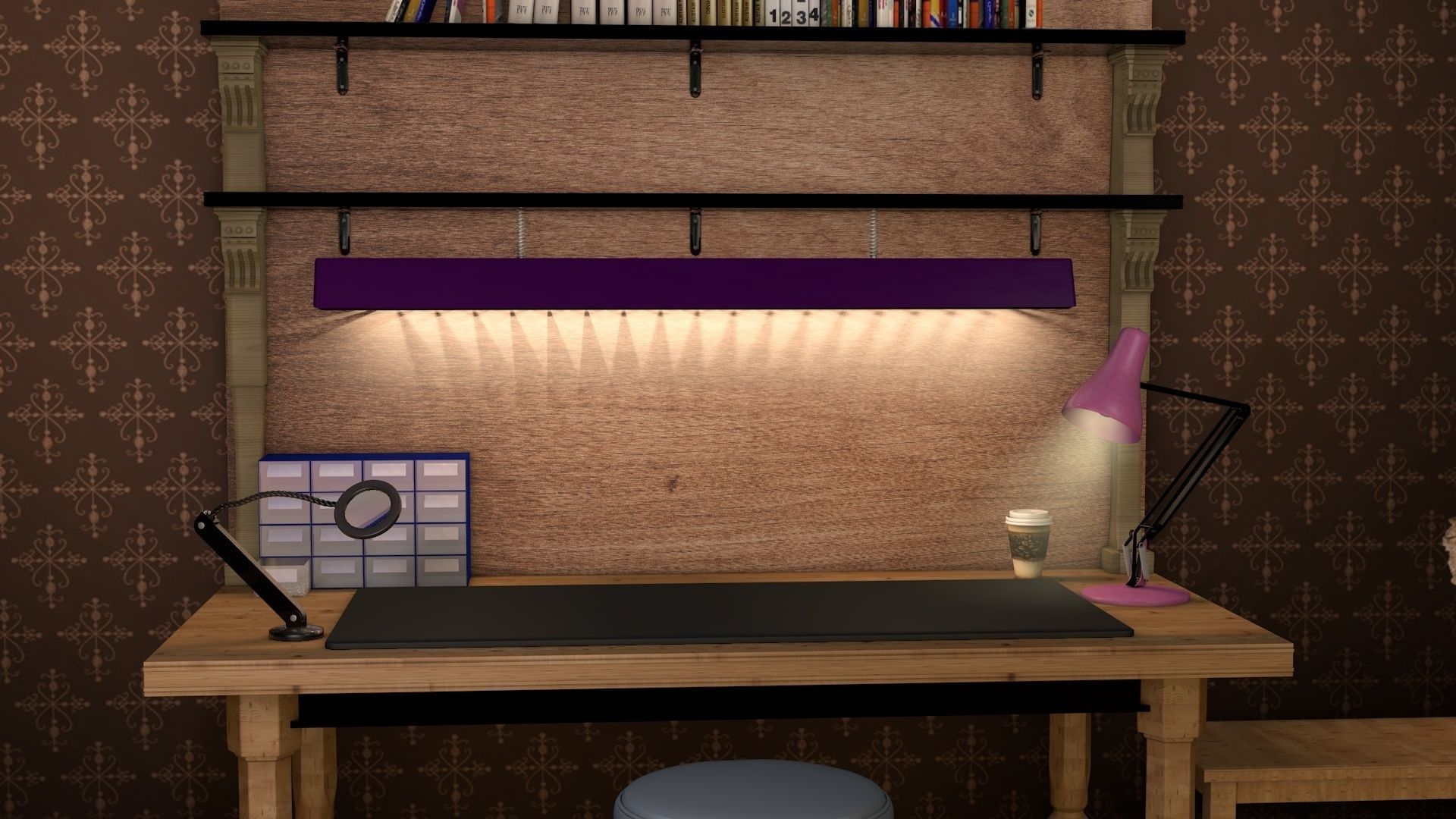 workbench room with desk and bookshelf 3D model_1