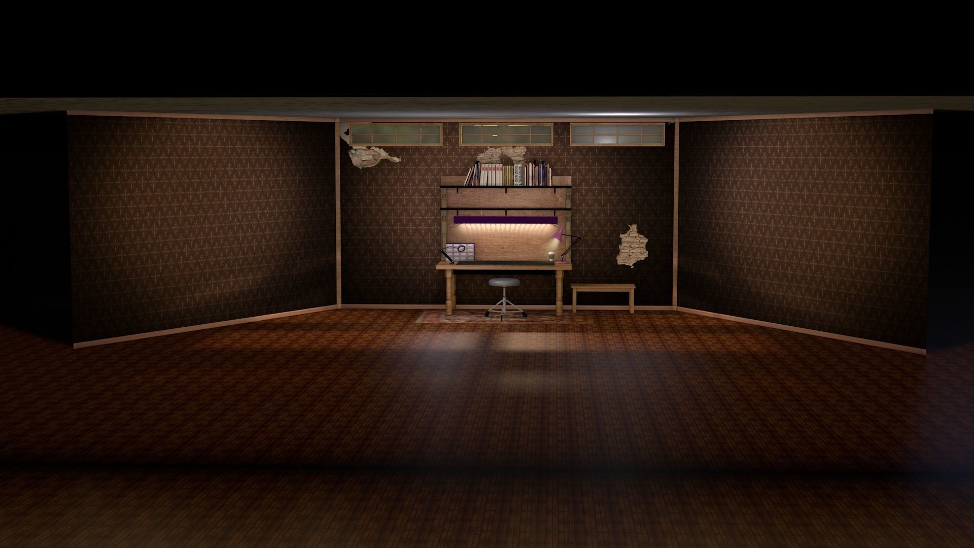 workbench room with desk and bookshelf 3D model_9