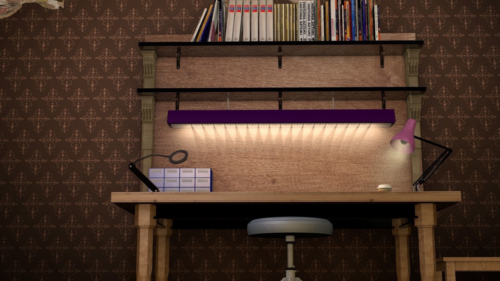 workbench room with desk and bookshelf 3D model_2