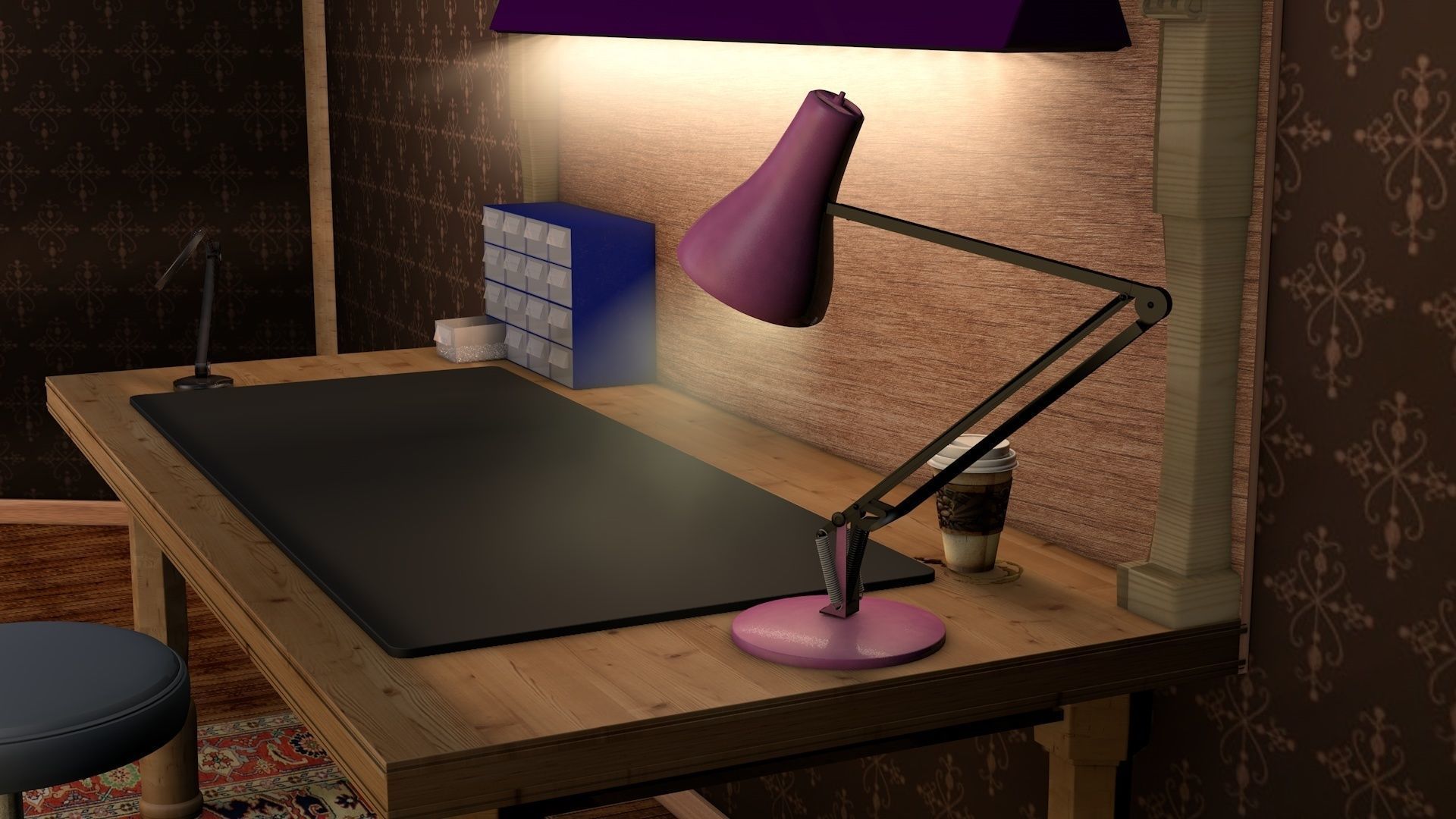 workbench room with desk and bookshelf 3D model_6