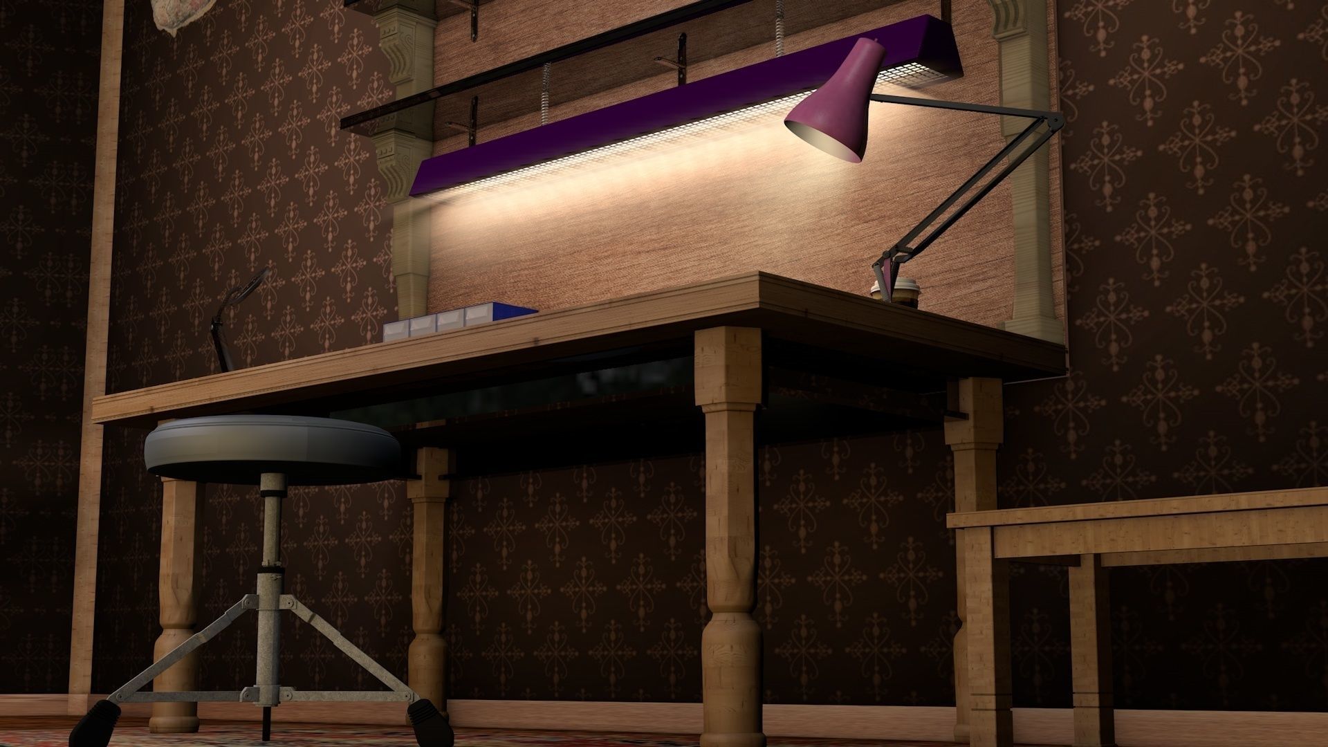 workbench room with desk and bookshelf 3D model_4