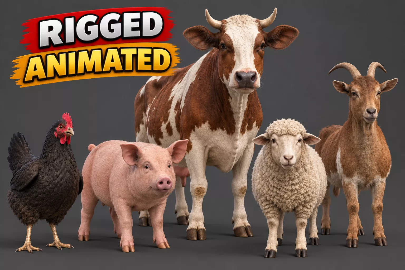 Farm Animals Pack Rigged Animated Game Ready Low-poly 3D model